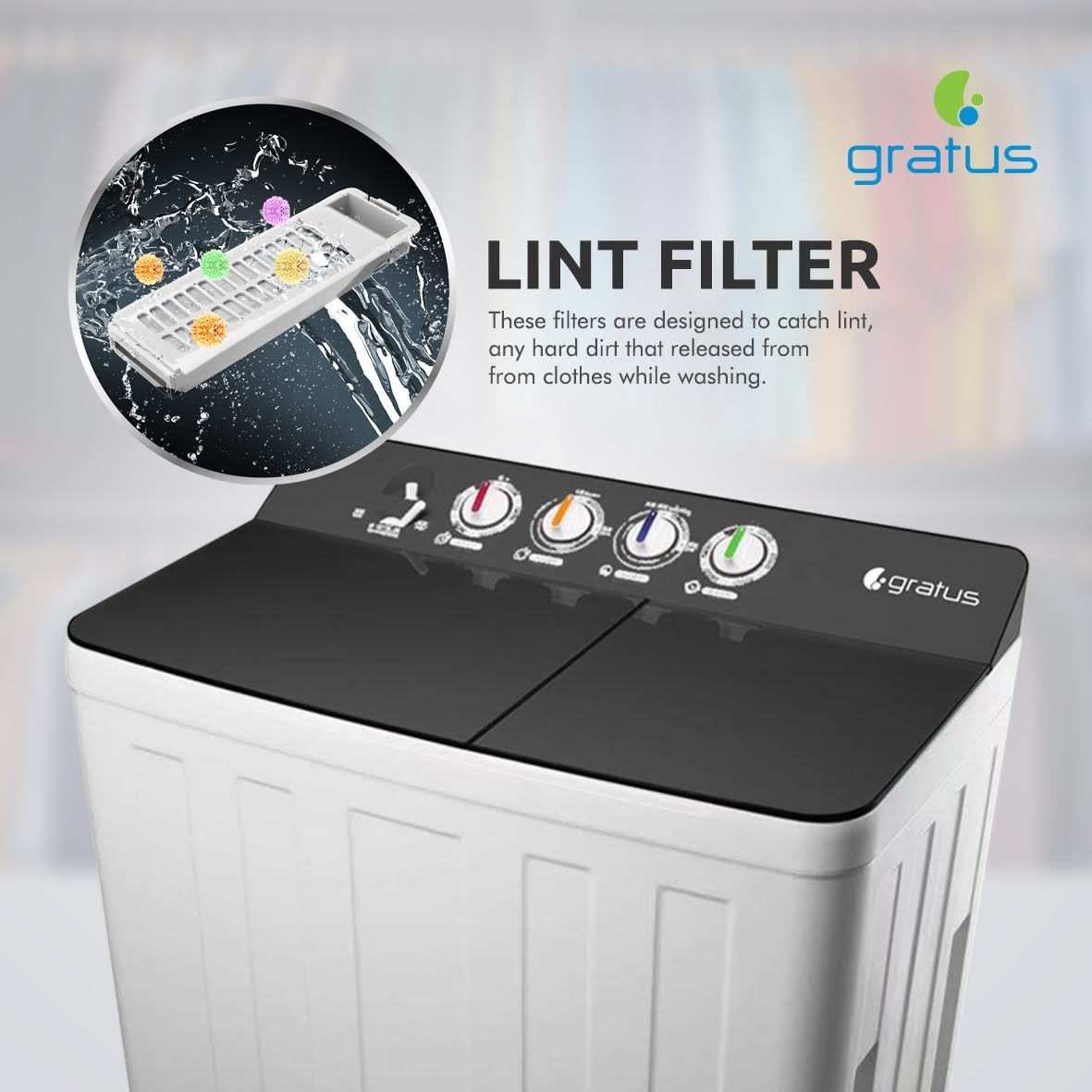 Gratus 20 KG Top Load Semi-Automatic Washing Machine (White/Transparent black), with Lint Filter, Spin-Dry, Model -GSWM20KCDX1