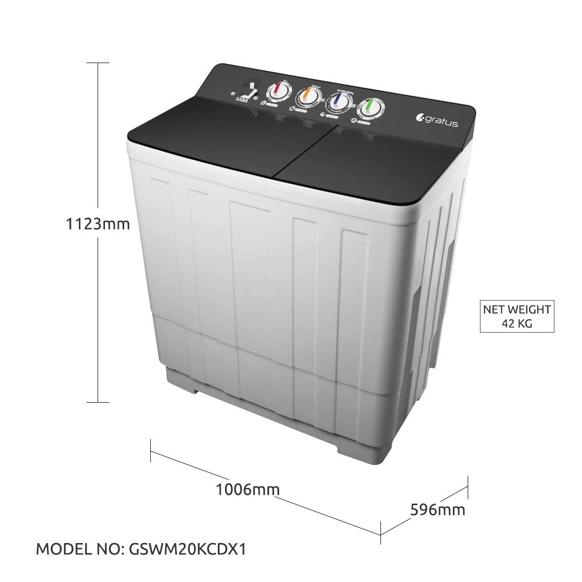 Gratus 20 KG Top Load Semi-Automatic Washing Machine (White/Transparent black), with Lint Filter, Spin-Dry, Model -GSWM20KCDX1