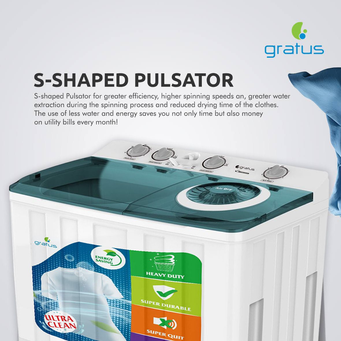 Gratus 15 KG Top Load Semi-Automatic Washing Machine (White), with Lint Filter, Spin-Dry, Model -GSWM15KCDX1