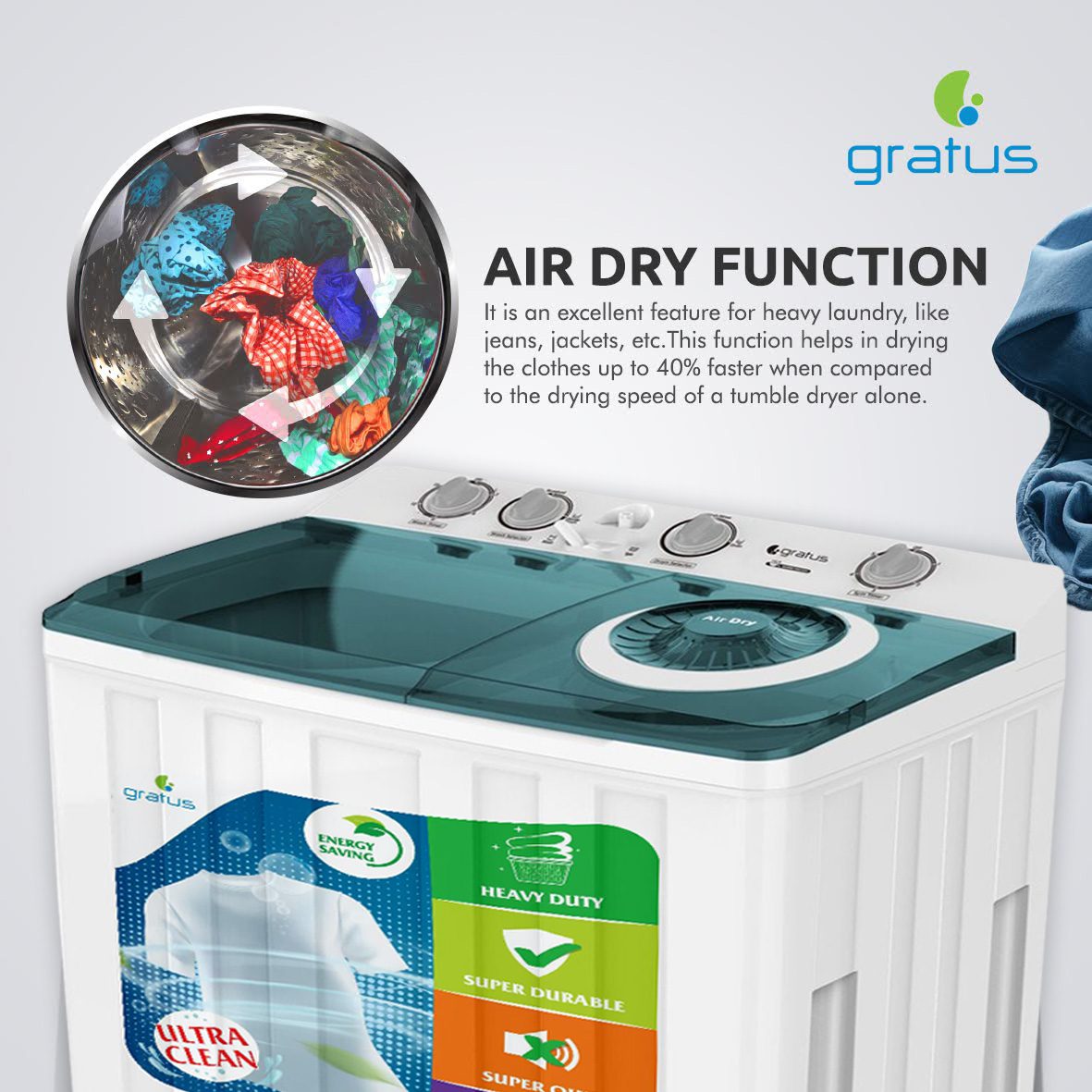 Gratus 15 KG Top Load Semi-Automatic Washing Machine (White), with Lint Filter, Spin-Dry, Model -GSWM15KCDX1