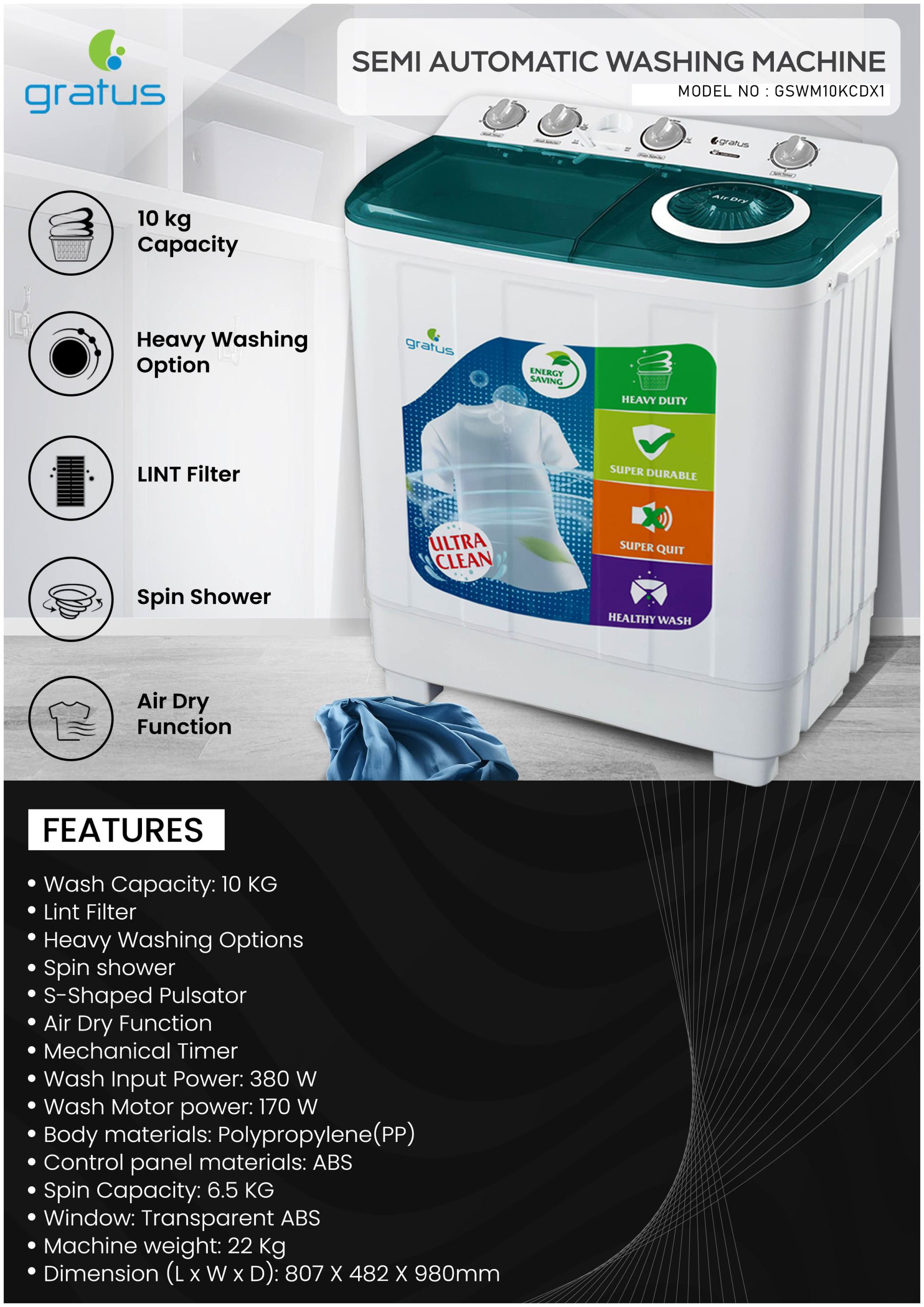 Gratus 10 KG Top Load Semi-Automatic Washing Machine (White), with Lint Filter, Spin-Dry, Model -GSWM10KCDX1