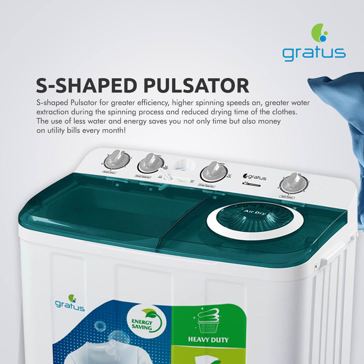 Gratus 10 KG Top Load Semi-Automatic Washing Machine (White), with Lint Filter, Spin-Dry, Model -GSWM10KCDX1