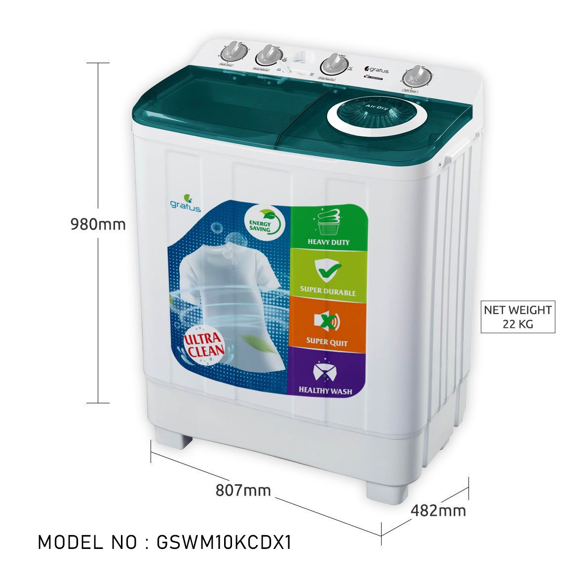 Gratus 10 KG Top Load Semi-Automatic Washing Machine (White), with Lint Filter, Spin-Dry, Model -GSWM10KCDX1