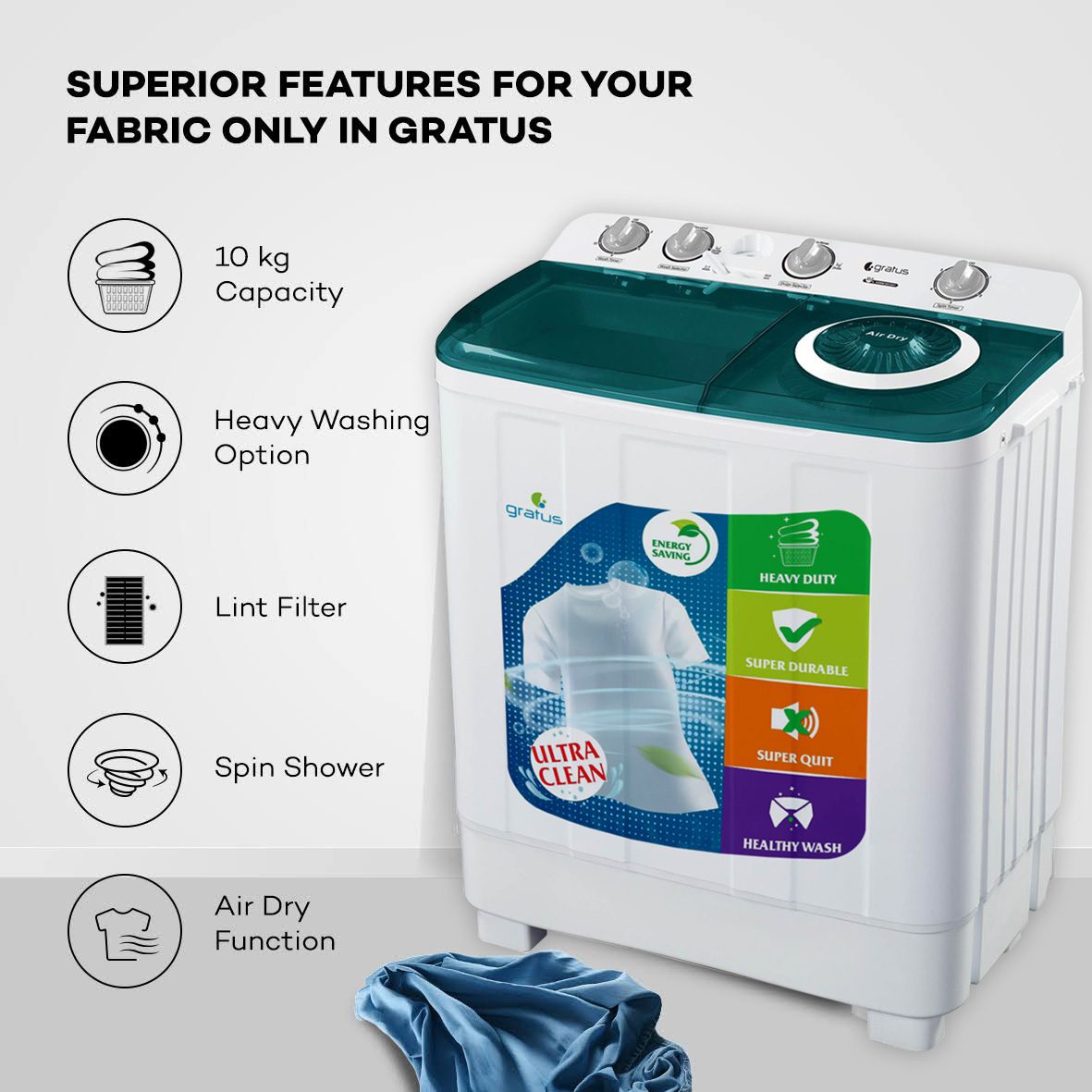Gratus 10 KG Top Load Semi-Automatic Washing Machine (White), with Lint Filter, Spin-Dry, Model -GSWM10KCDX1