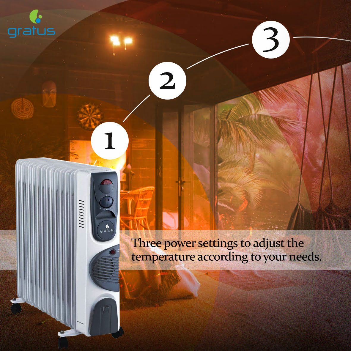 GRATUS 13 FINS OIL HEATER 2900W - With 3 Settings, Turbo Fan, Thermostat control, Tip-Over protection, Pressure tested, 1-year warranty WHITE, Model- GHT1329ATB