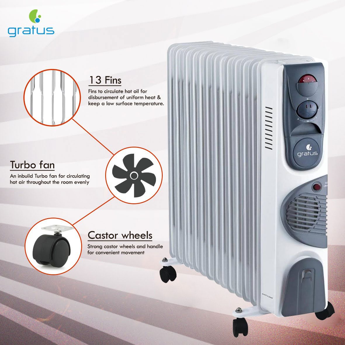 GRATUS 13 FINS OIL HEATER 2900W - With 3 Settings, Turbo Fan, Thermostat control, Tip-Over protection, Pressure tested, 1-year warranty WHITE, Model- GHT1329ATB