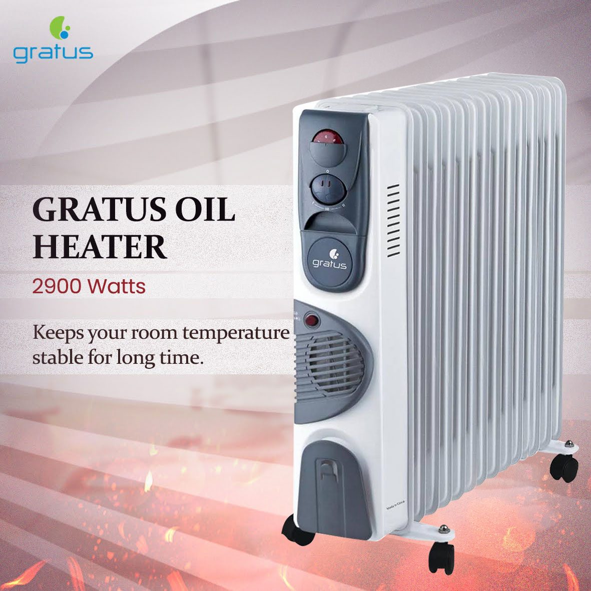 GRATUS 13 FINS OIL HEATER 2900W - With 3 Settings, Turbo Fan, Thermostat control, Tip-Over protection, Pressure tested, 1-year warranty WHITE, Model- GHT1329ATB