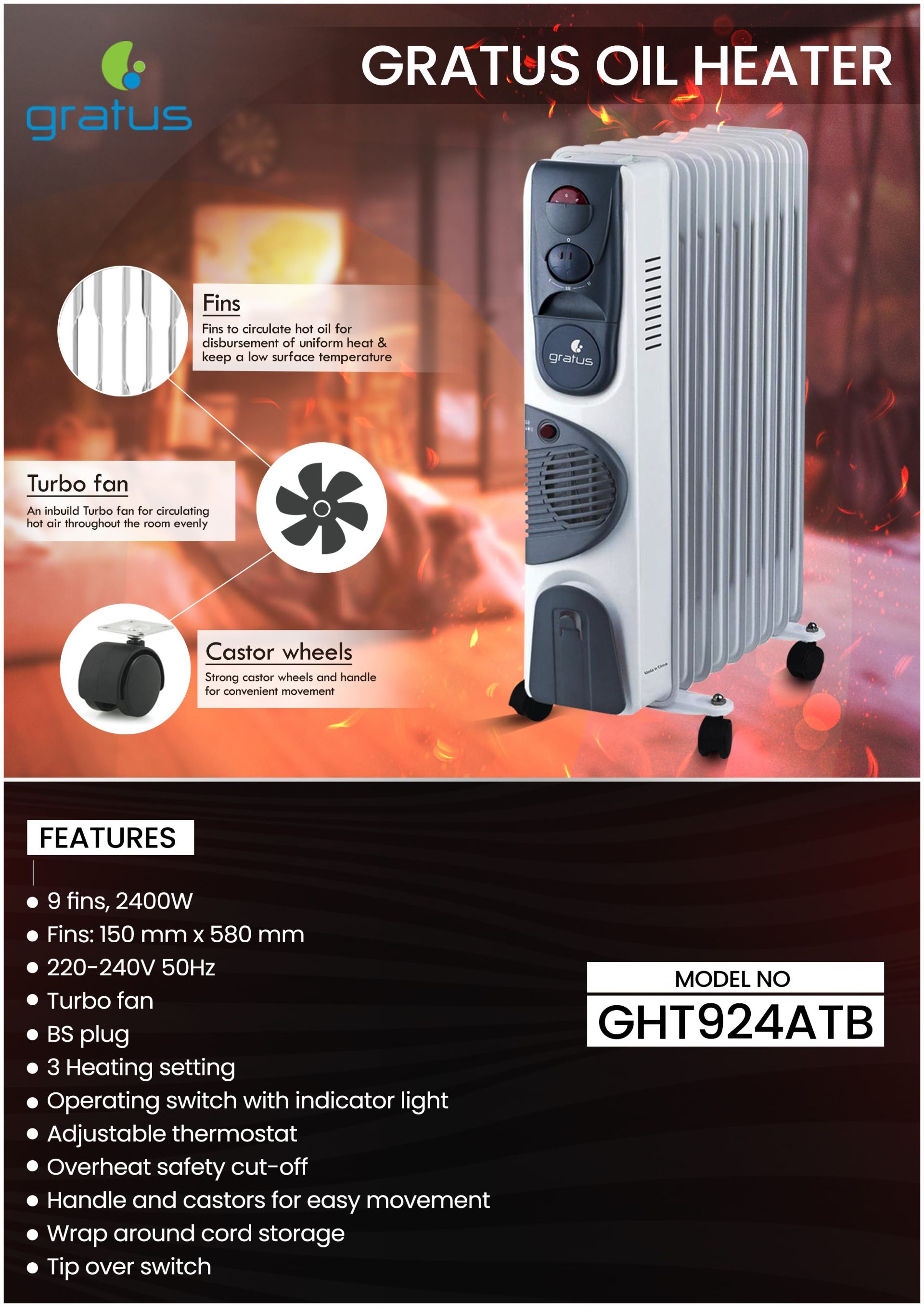 GRATUS 9 FINS OIL HEATER 2400W - With 3 Settings, Turbo Fan, Thermostat control, Tip-Over protection, Pressure tested, 1-year warranty WHITE, Model- GHT924ATB