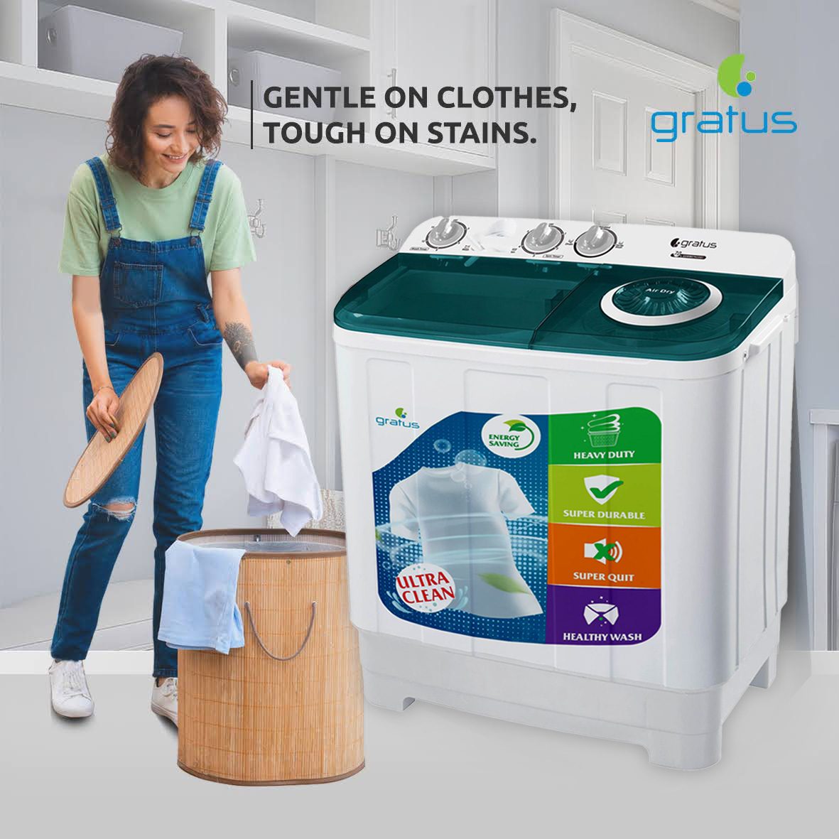 Gratus 7 KG Top Load Semi-Automatic Washing Machine (White), with Lint Filter, Spin-Dry, Model -GSWM07KCDX1