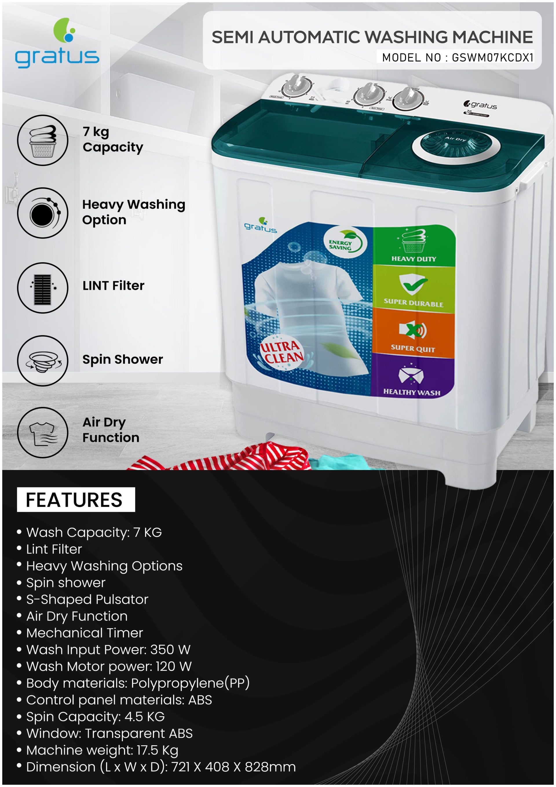 Gratus 7 KG Top Load Semi-Automatic Washing Machine (White), with Lint Filter, Spin-Dry, Model -GSWM07KCDX1