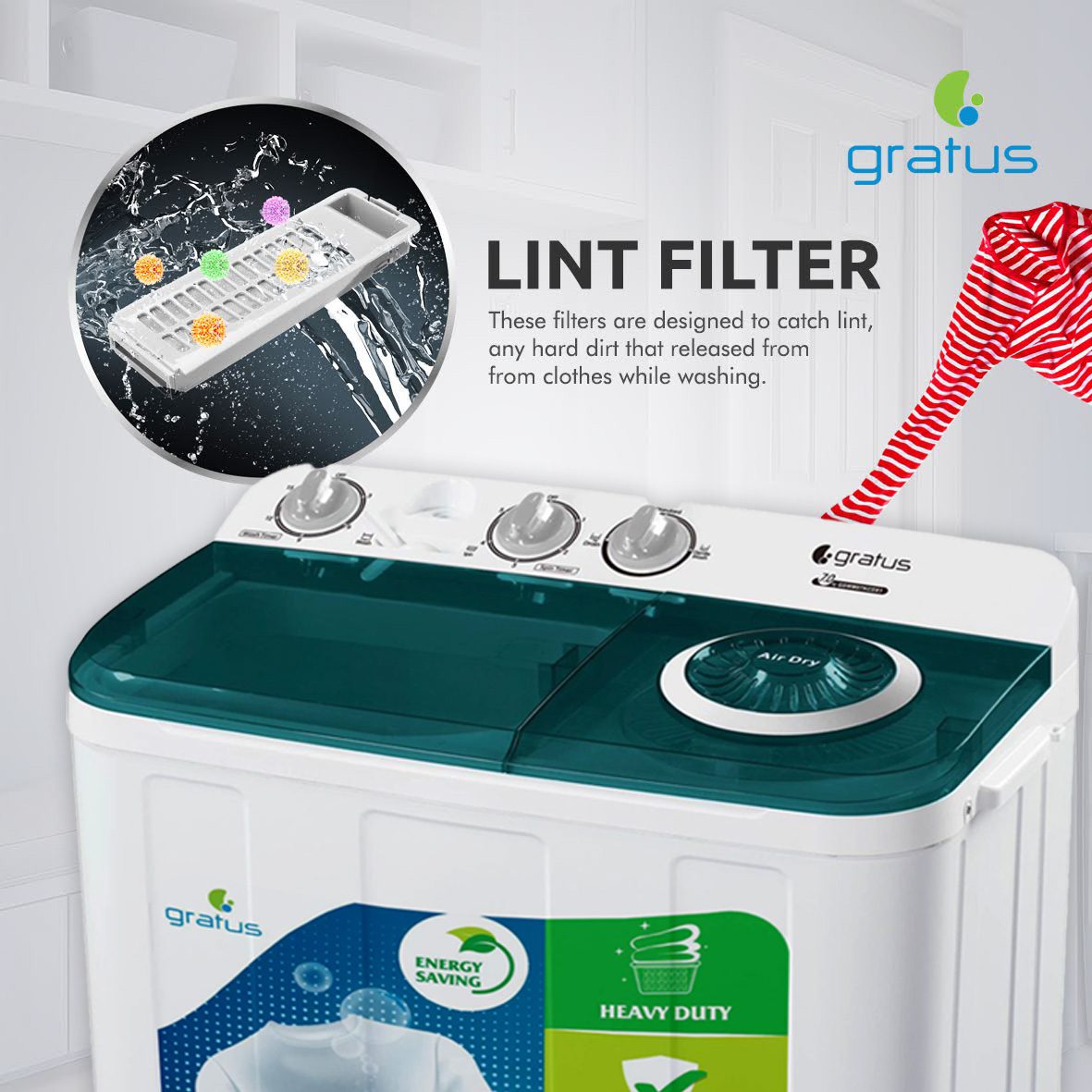 Gratus 7 KG Top Load Semi-Automatic Washing Machine (White), with Lint Filter, Spin-Dry, Model -GSWM07KCDX1