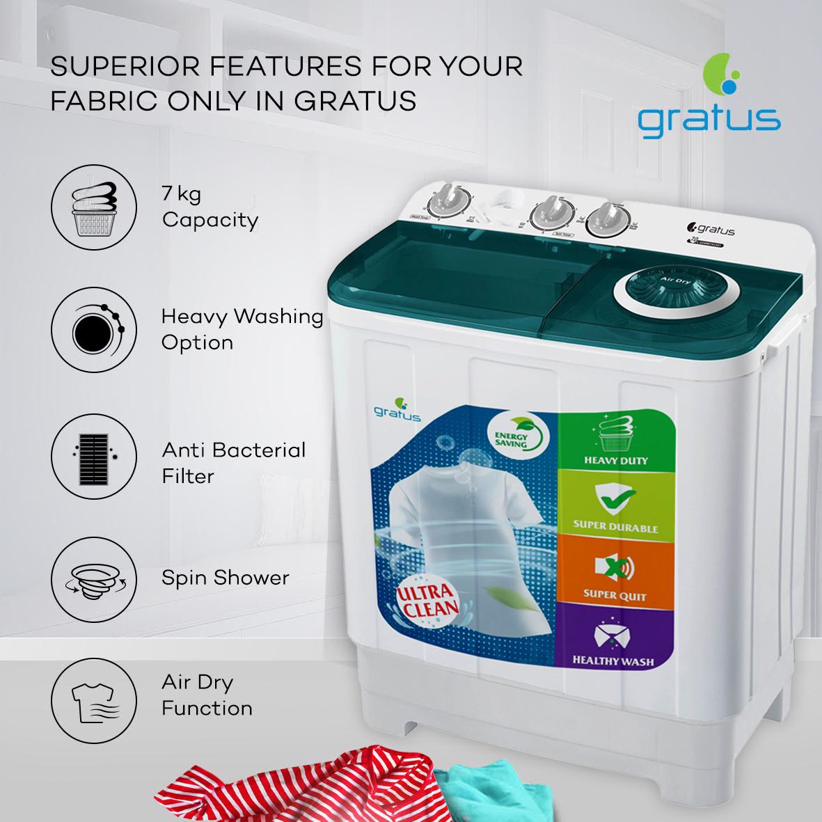 Gratus 7 KG Top Load Semi-Automatic Washing Machine (White), with Lint Filter, Spin-Dry, Model -GSWM07KCDX1