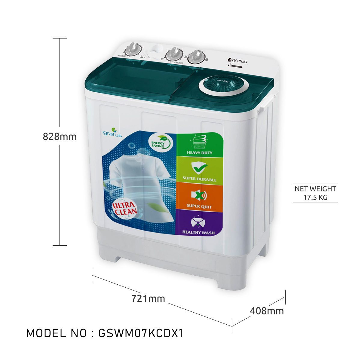 Gratus 7 KG Top Load Semi-Automatic Washing Machine (White), with Lint Filter, Spin-Dry, Model -GSWM07KCDX1