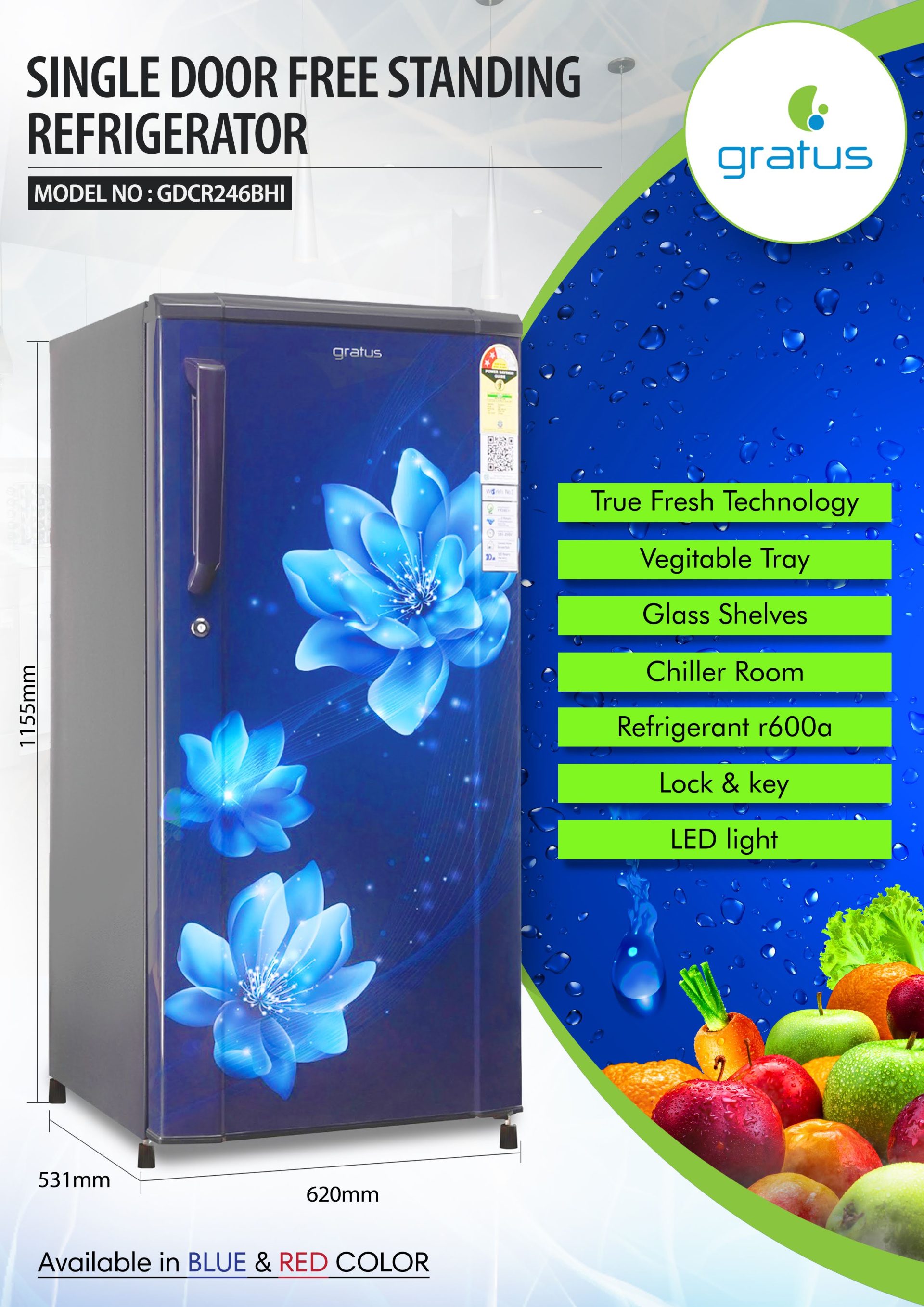 Gratus 246L Single Door  Direct Cool Refrigerator (Red Opal), 1 Year Full & 5 Years Compressor Warranty, Model- GDCR246RHI