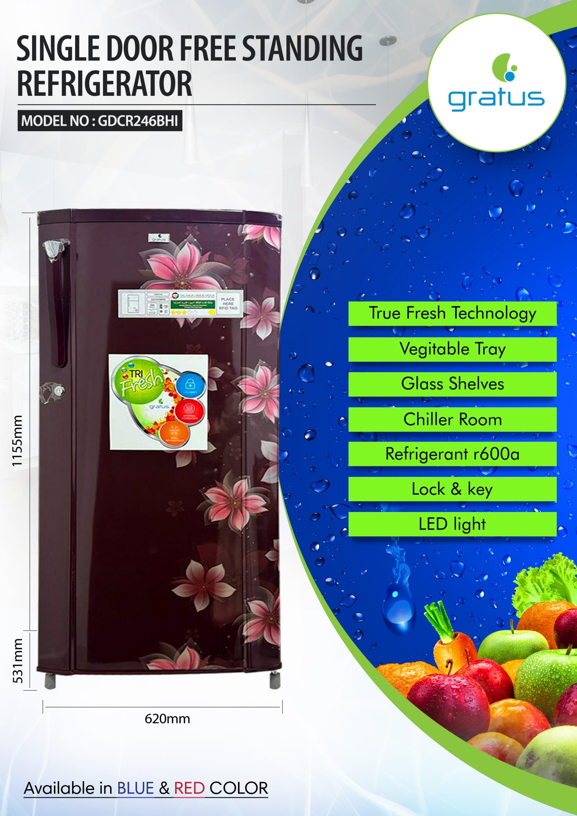 Gratus 246L Single Door Direct Cool Refrigerator (Marine Peony),1 Year Full & 5 Years Compressor Warranty, Model- GDCR246BHI