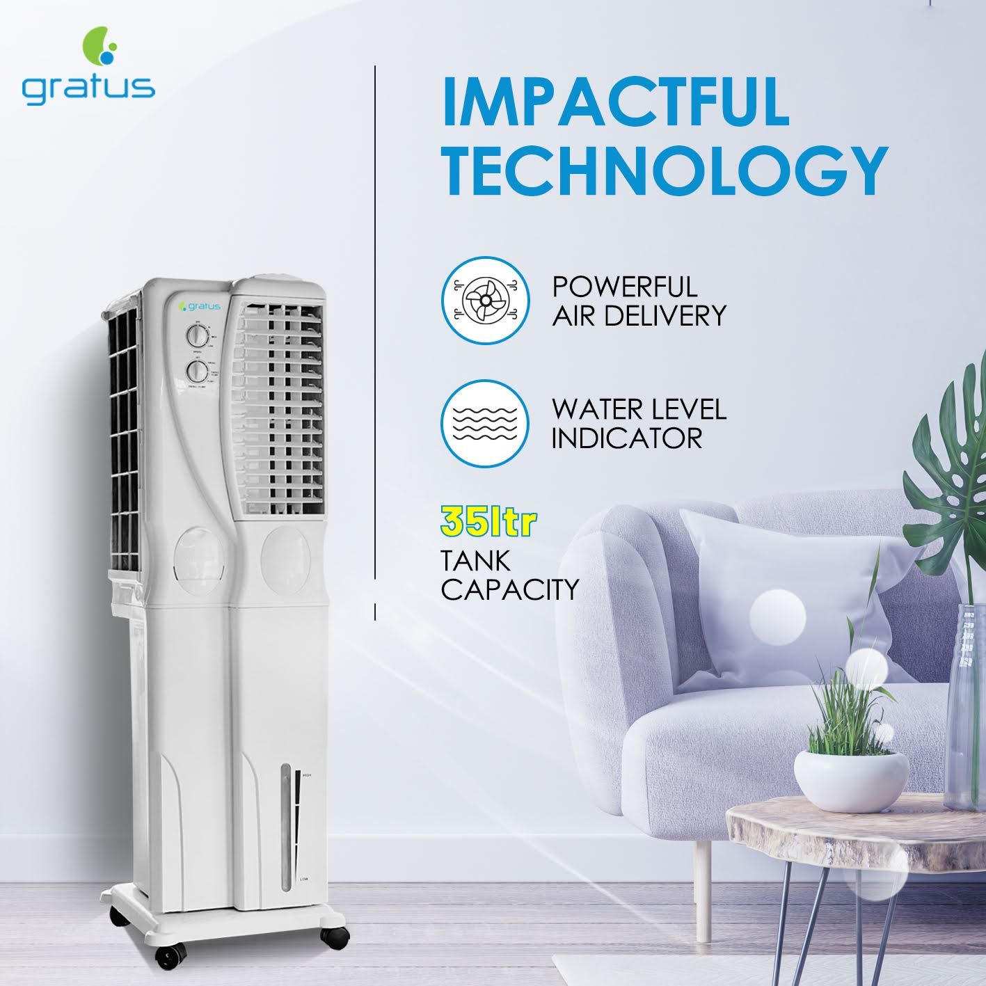 Gratus 35L Icestorm Deluxe Air Cooler with Four Way Air Deflection, Made in India, Model- ICESTORM35DX