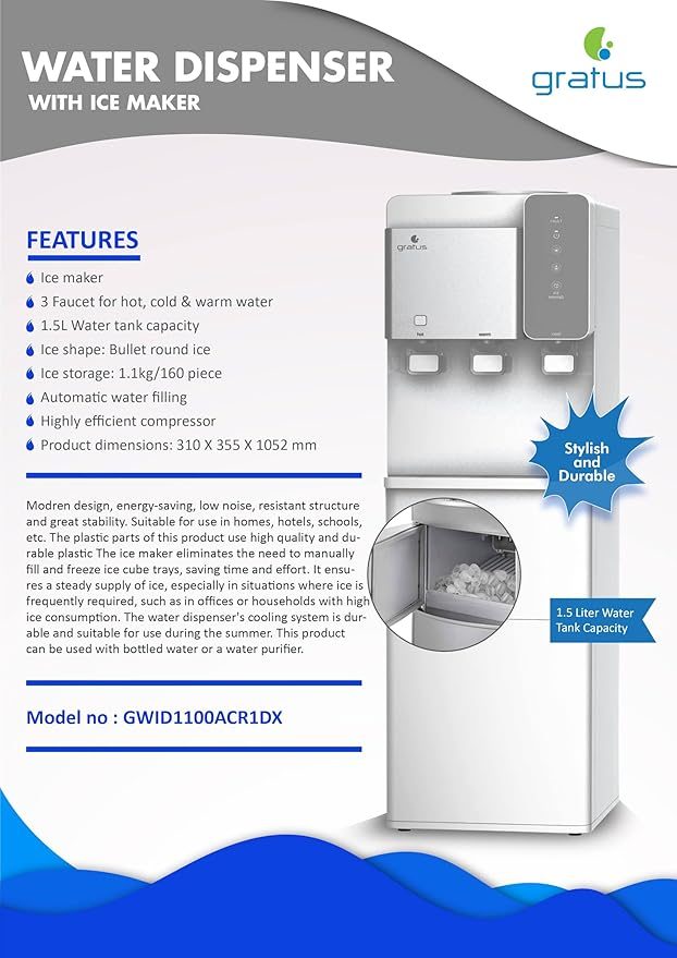 Gratus Water Dispenser Hot, cool & Cold 3 Tap with Ice maker (White), 1 Year Full & 2 Year Compressor Warranty, Model -GWID1100ACR1DX