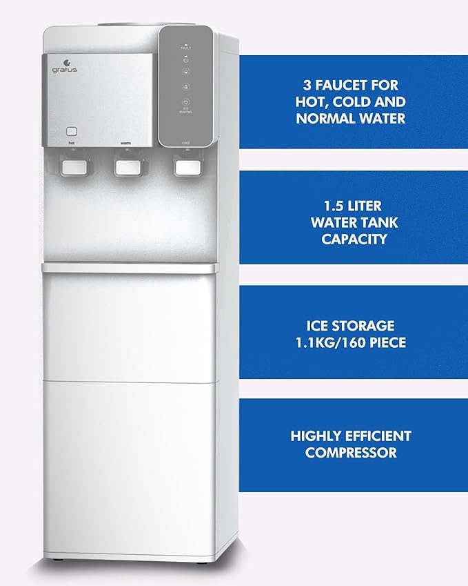 Gratus Water Dispenser Hot, cool & Cold 3 Tap with Ice maker (White), 1 Year Full & 2 Year Compressor Warranty, Model -GWID1100ACR1DX