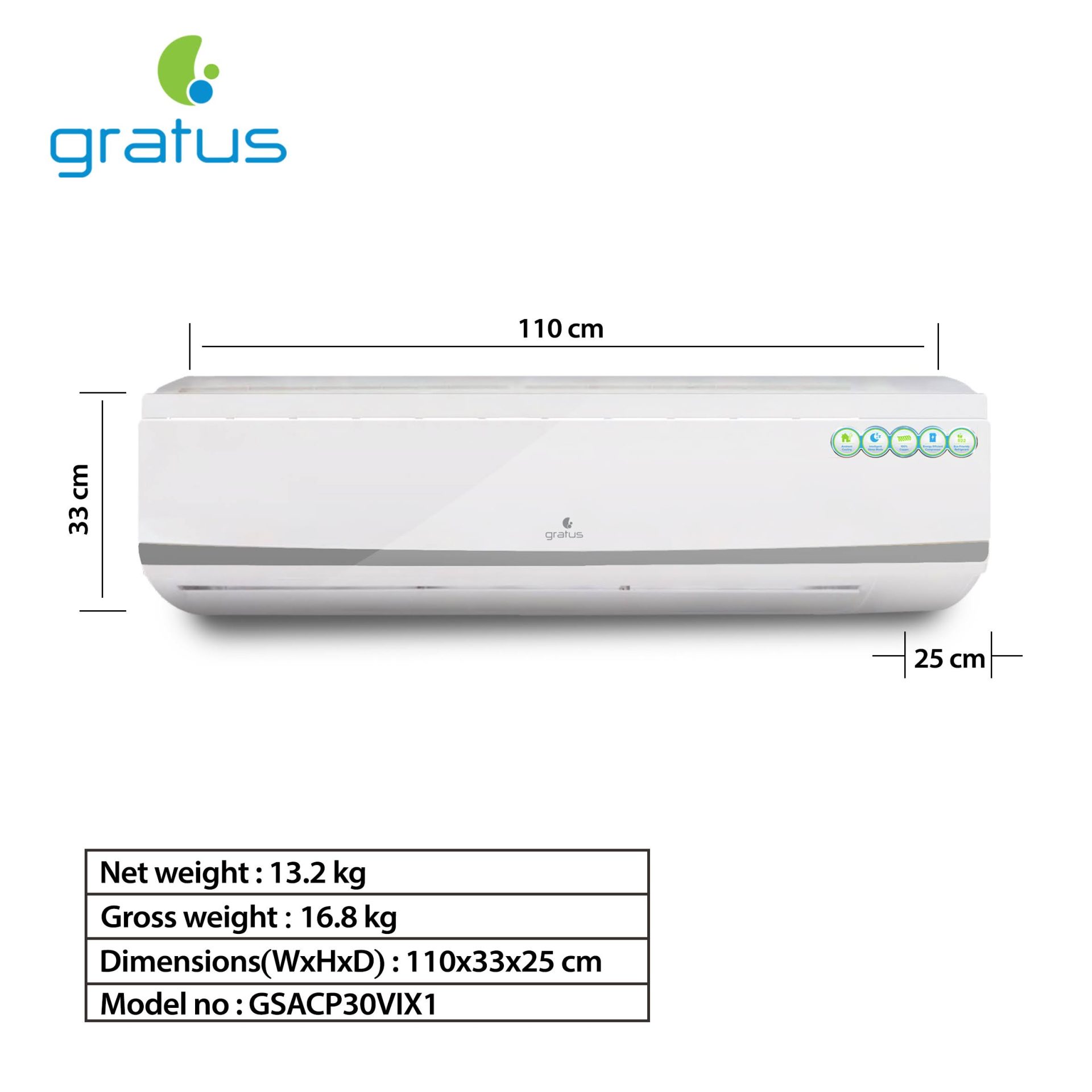 Gratus 30000 BTU 2.5 Ton Split Air Conditioner | Heavy-Duty Piston Compressor | R410A Refrigerant | GSACP30VX1