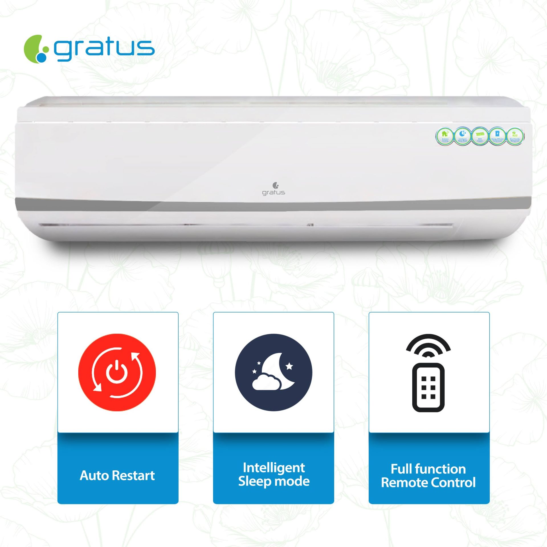 Gratus 24000 BTU 2 Ton Split Air Conditioner | Heavy-Duty Piston Compressor | R410A Refrigerant | GSACP24VX1