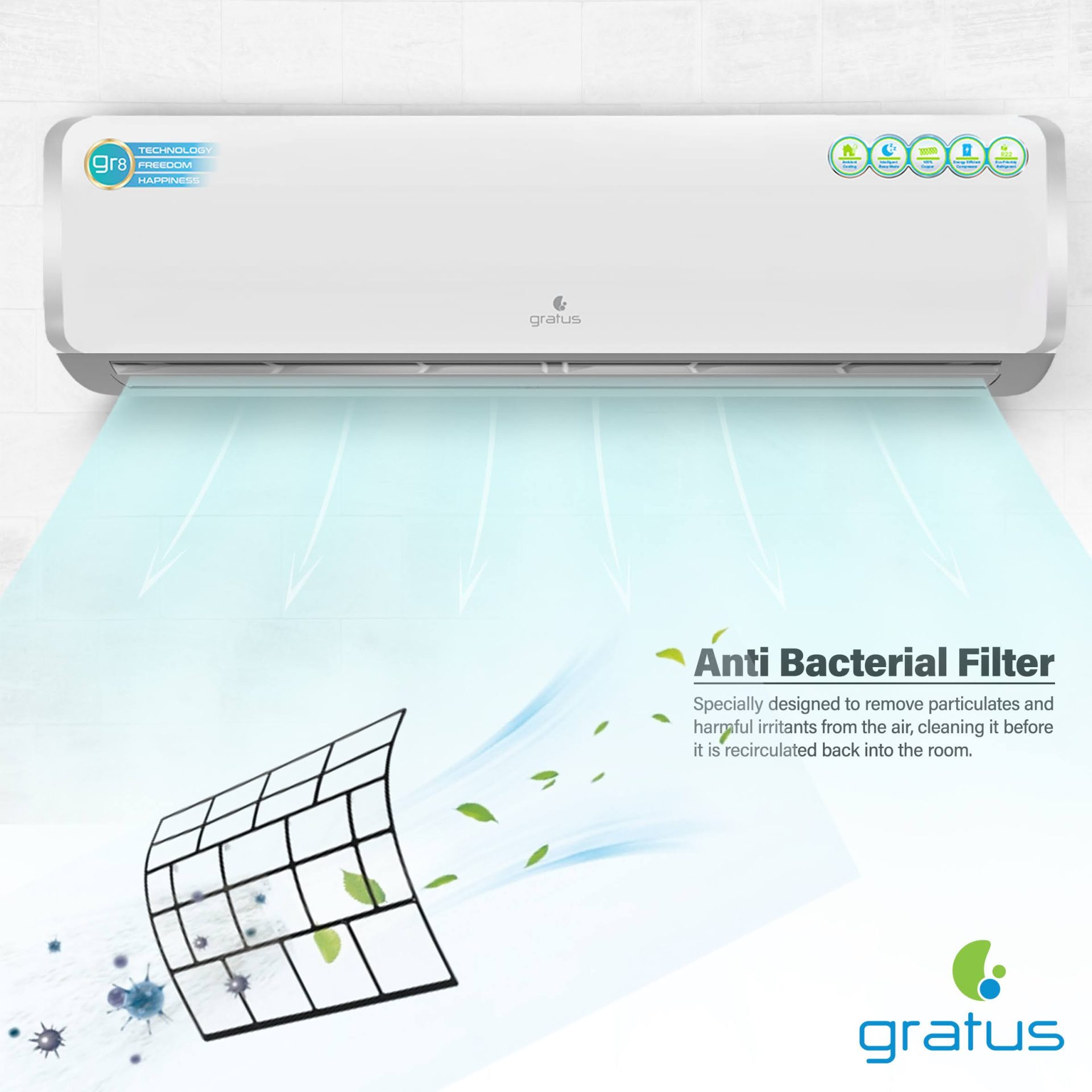 Gratus 1.5 Ton Split Air Conditioner | Heavy-Duty Piston Compressor | R410A Refrigerant | GSACP18VX1