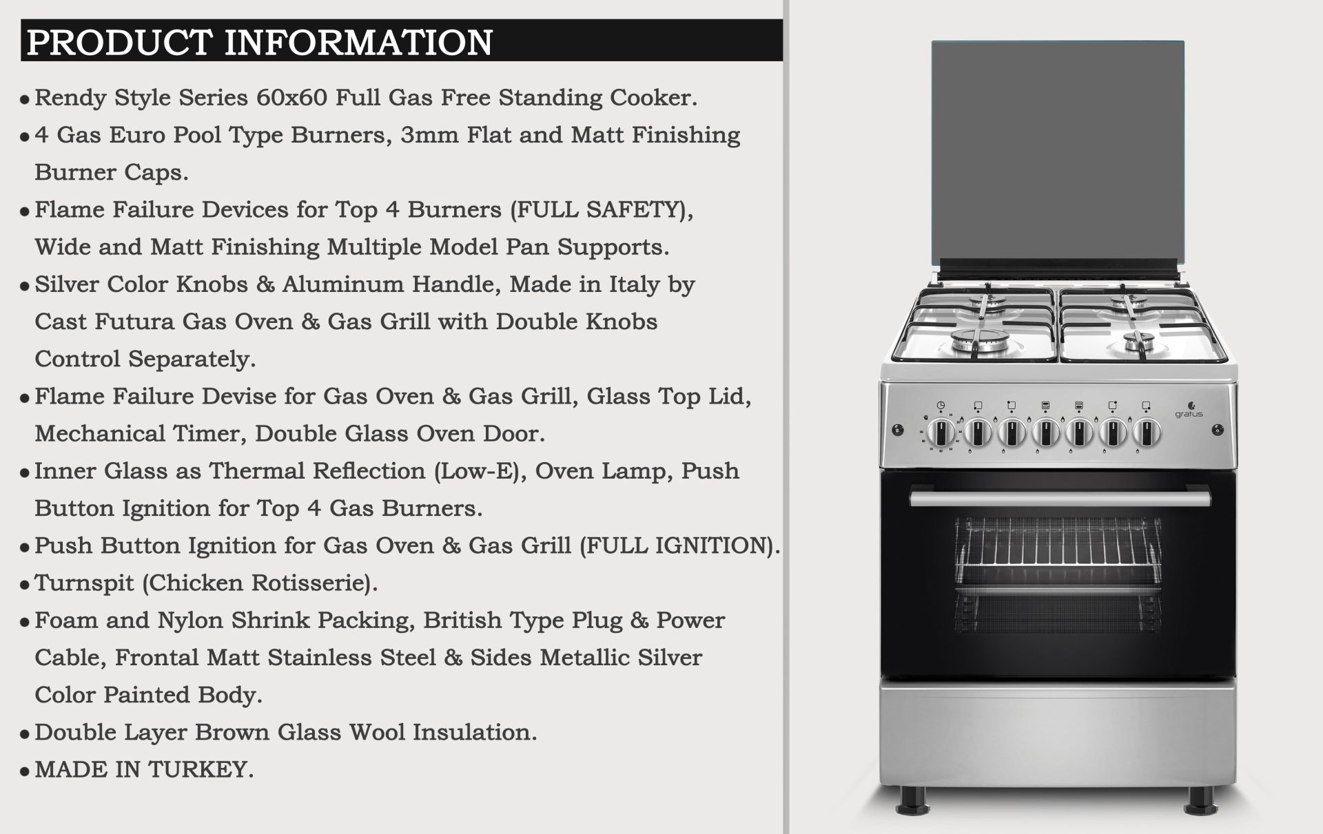 Gratus Bright Series 60 × 60 Full Gas Free Standing Cooker Euro Burners, Model- GGR64FRTS2