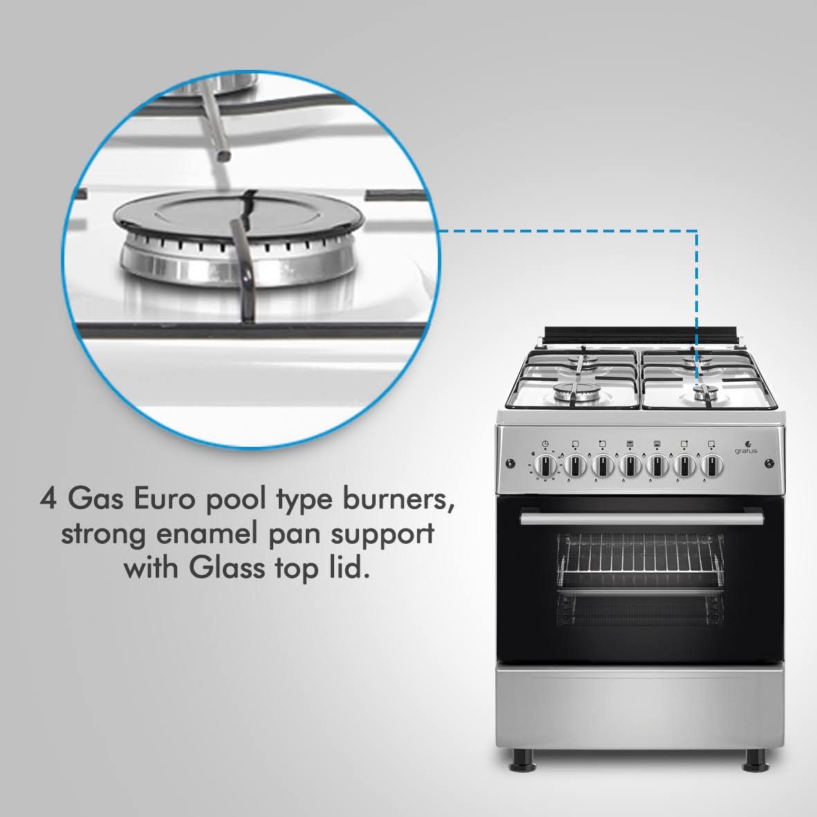 Gratus Bright Series 60 × 60 Full Gas Free Standing Cooker Euro Burners, Model- GGR64FRTS2