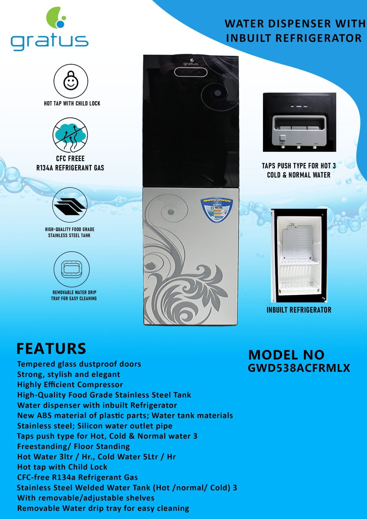 Gratus Hot & Cold 2 Tap Floor Standing Top Loading Water Dispenser With Refrigerator, 1 Year Full & 2 Year Compressor Warranty, Model-GWD805RDX1