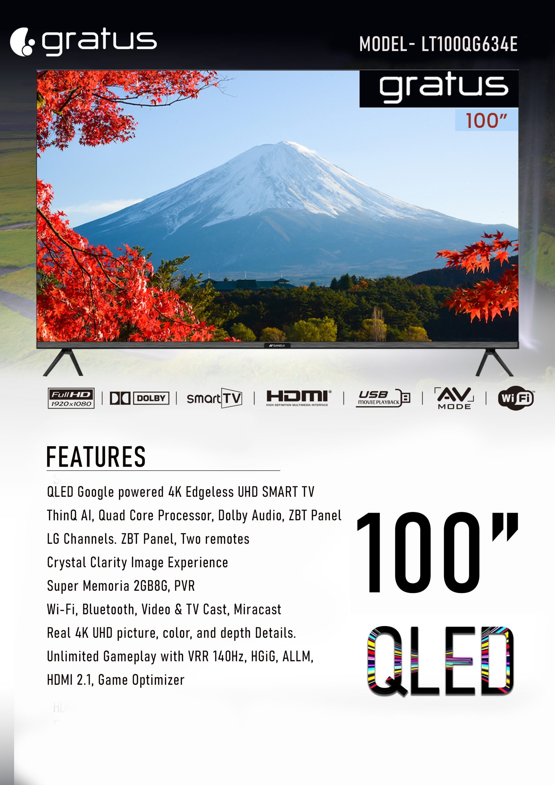 Gratus 100″ QLED Google powered 4K Edgeless UHD SMART TV with ThinQ AI, Quad Core Processor, Dolby Audio, ZBT Panel, Model- LT100QG63QE