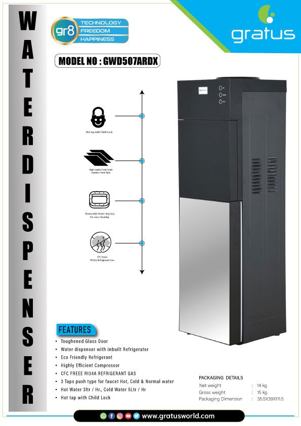 Gratus Glass Door Top Load Floor Standing 3 Tap Water Dispenser With Inbuilt Refrigerator (Glass Panel SILVER & BLACK), Model- GWD507ARDX
