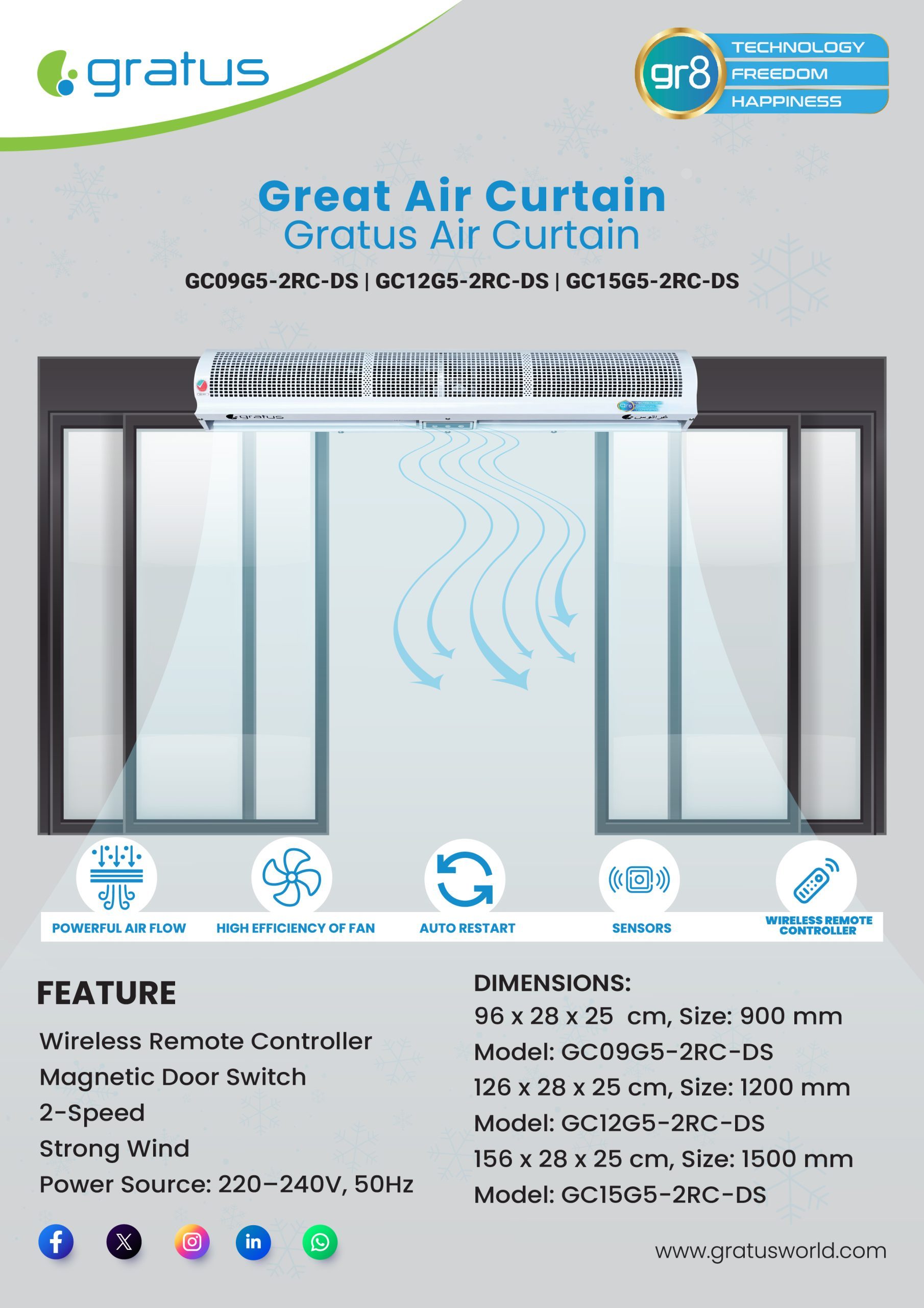 Gratus Air Curtains 90 cm Cross Flow Type, with Remote controller & Sensor, and Door magnetic switch, Made in China, Model- GC09G5-2RC-DS