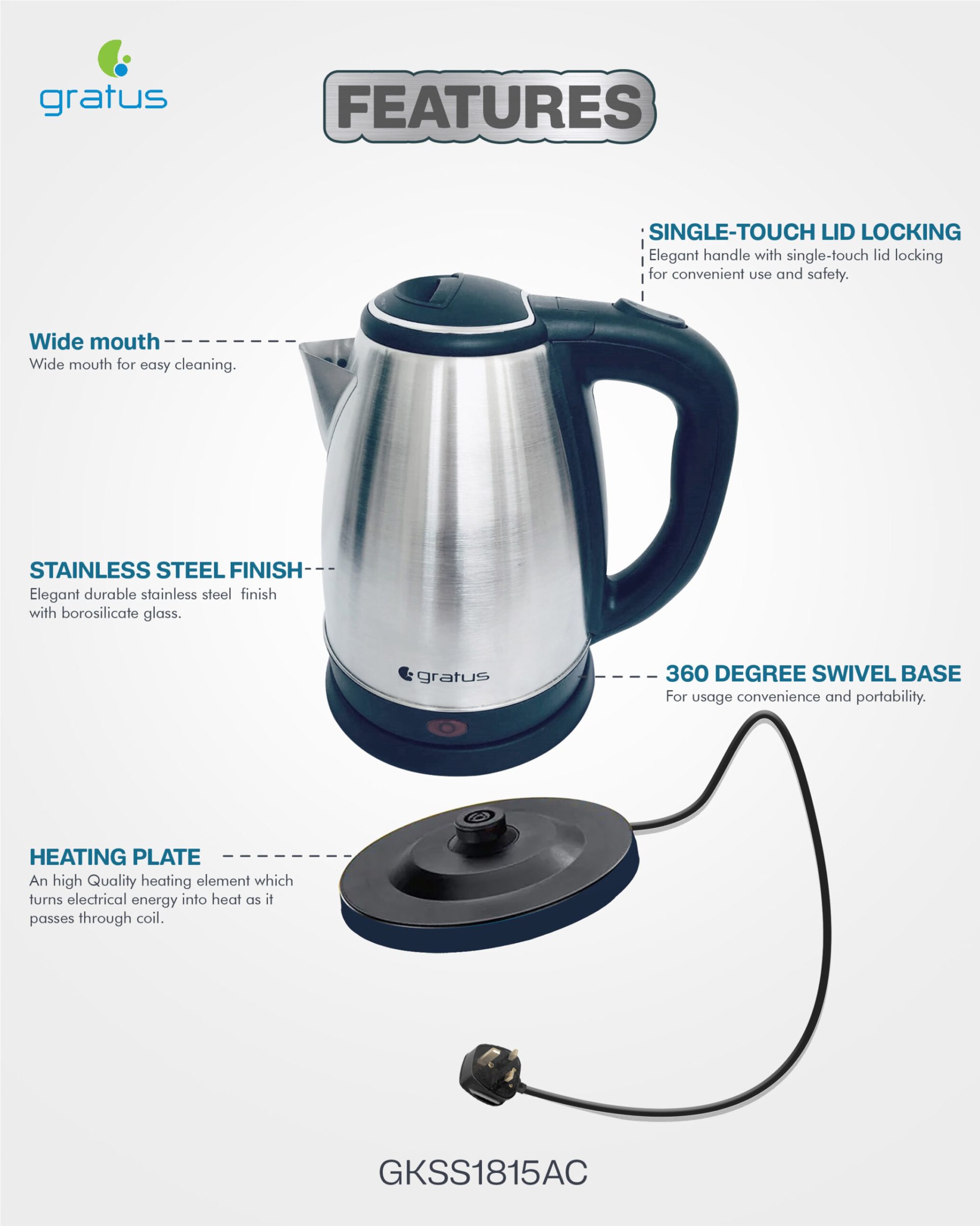 Gratus Stainless Steel Electric Kettle, Model- GKSS1815AC