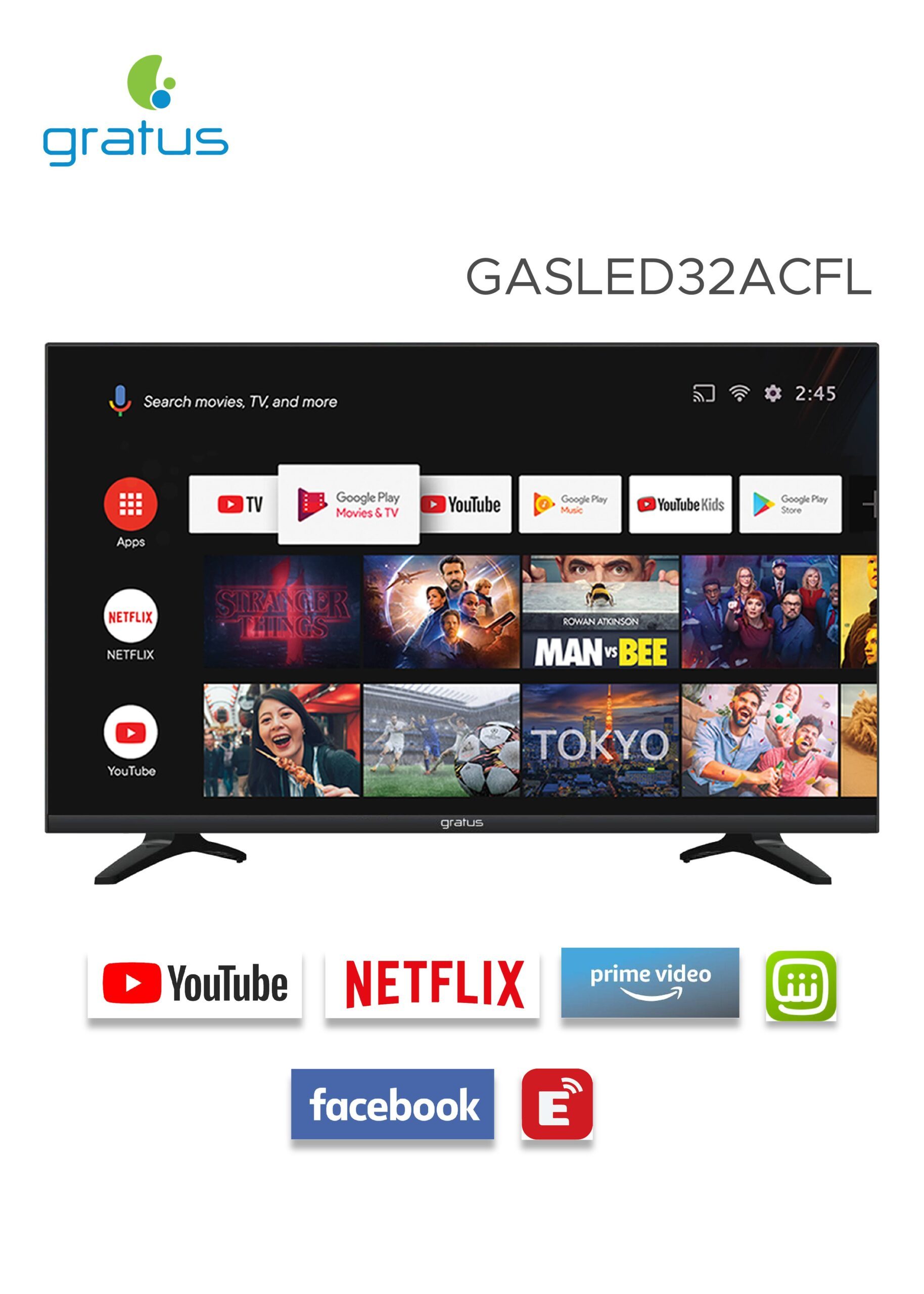 Gratus 32" Edgeless Smart TV, DVB T2/S2 Built-in receiver, Android Smart 11, 2 USB, 2 HDMI, High Resolution, Superior Sound, Model- GASLED32ACFL