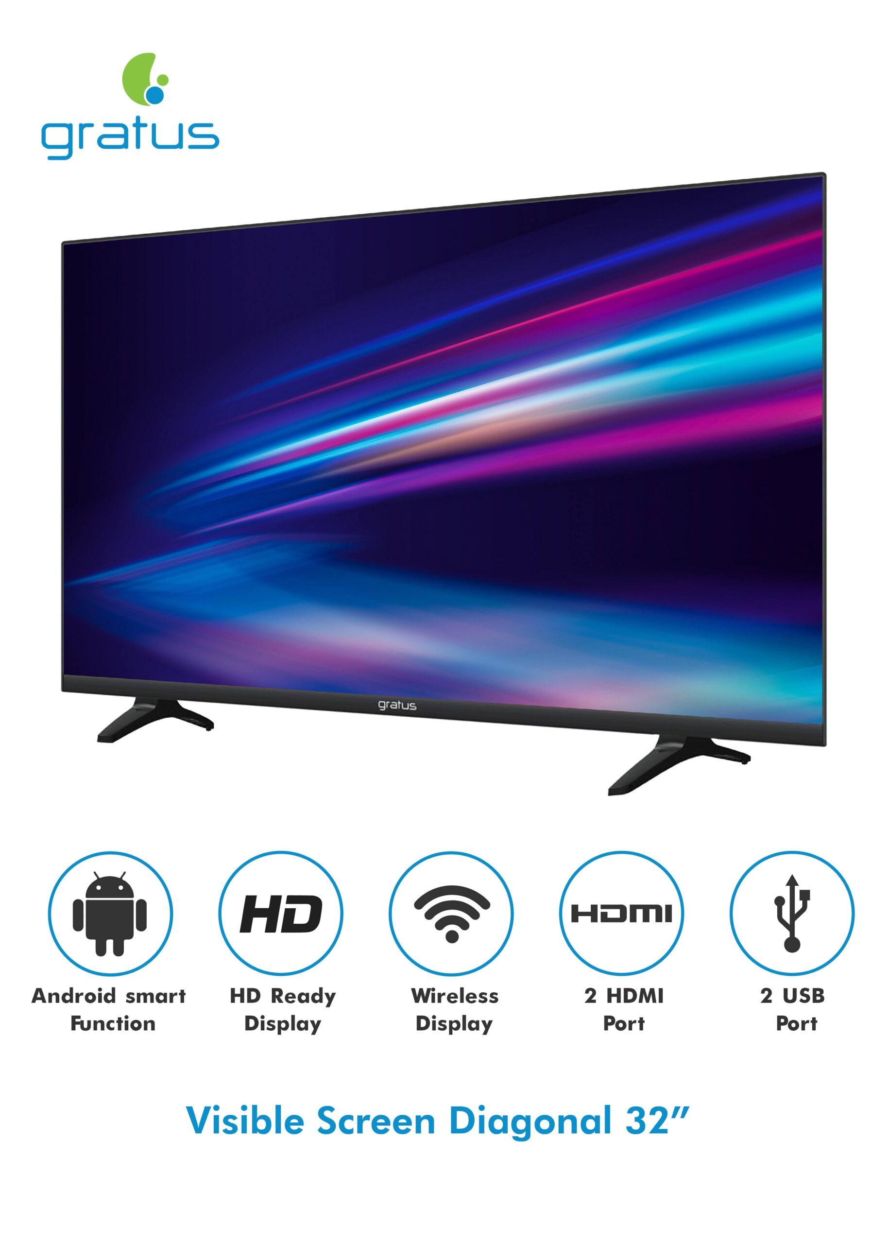 Gratus 32" Edgeless Smart TV, DVB T2/S2 Built-in receiver, Android Smart 11, 2 USB, 2 HDMI, High Resolution, Superior Sound, Model- GASLED32ACFL