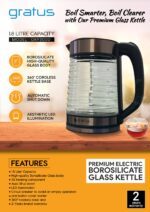 Gratus 1.8L Premium Borosilicate Glass Electric Kettle with 360° Cordless Base, LED Illumination, Auto Shut-Off & Boil Dry Protection – Model GKP3000