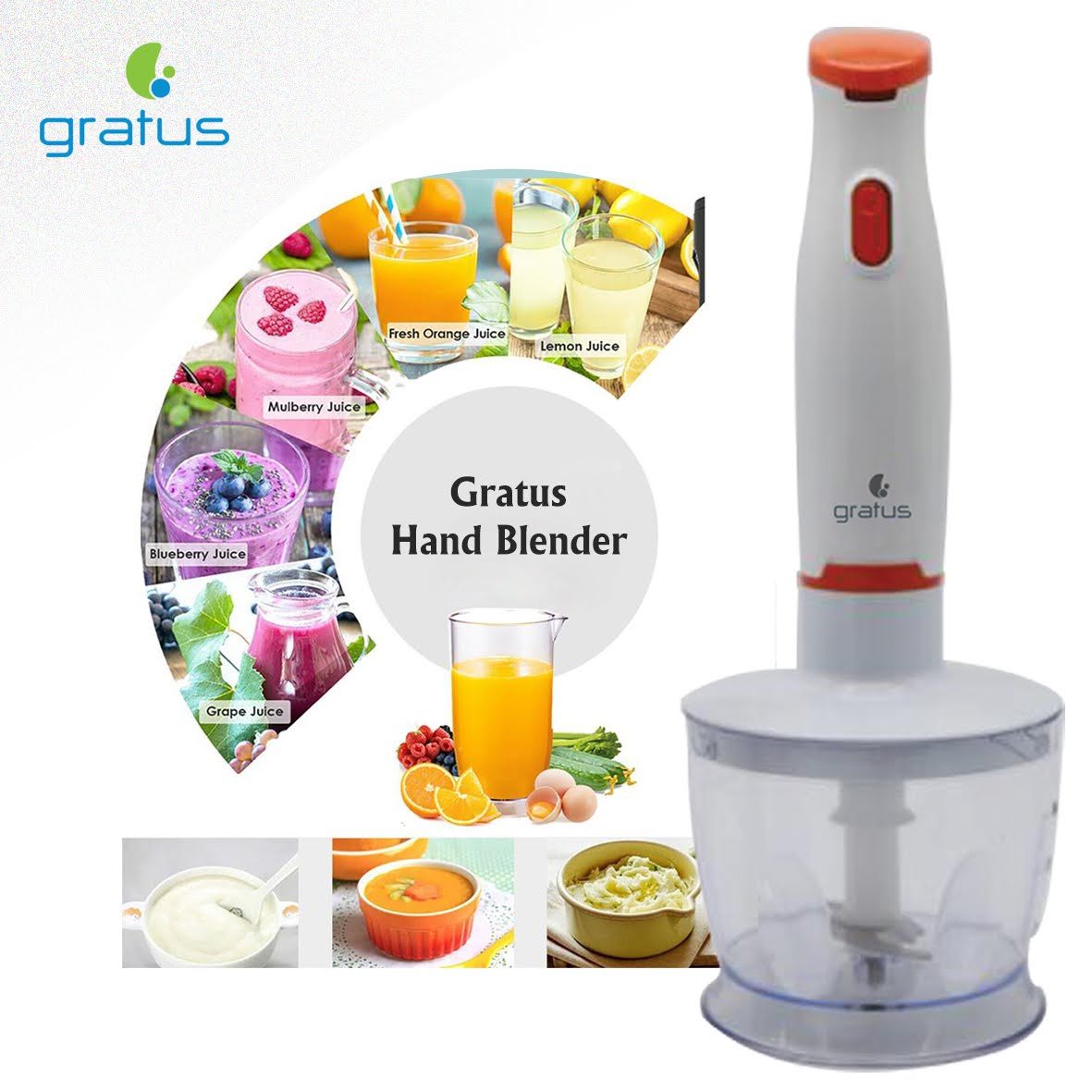 Gratus 400W - 4 in 1 Hand Blender with Chopper, Egg Whisk & Beater, Model- GHB400UC