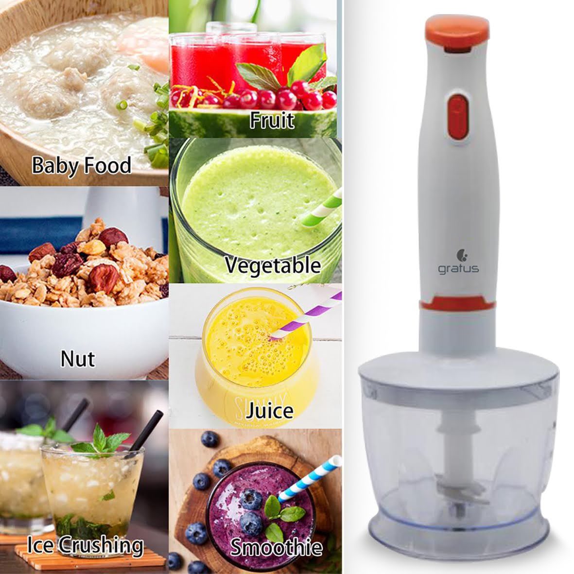 Gratus 400W - 4 in 1 Hand Blender with Chopper, Egg Whisk & Beater, Model- GHB400UC