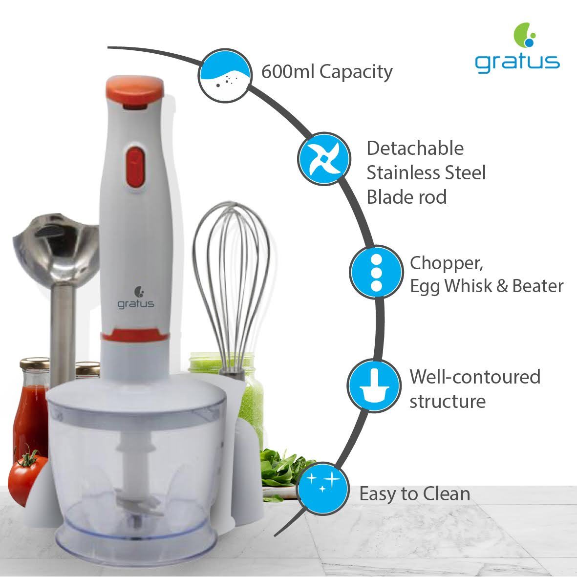 Gratus 400W - 4 in 1 Hand Blender with Chopper, Egg Whisk & Beater, Model- GHB400UC