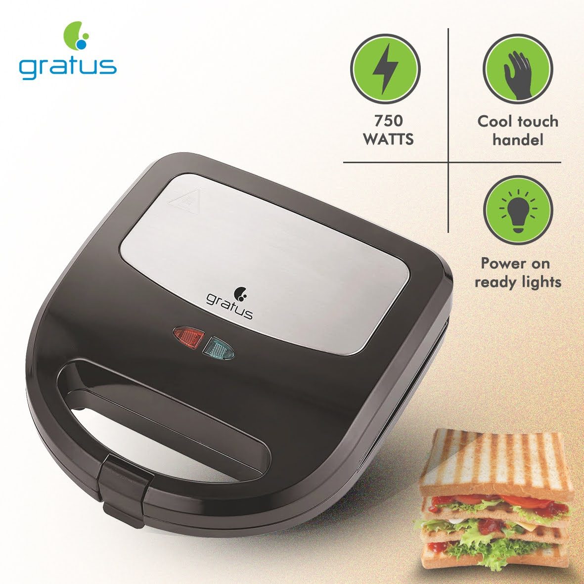 Gratus Sandwich Maker Sandwich, Grill & Waffle Maker, 750W, Model- GSM750UC