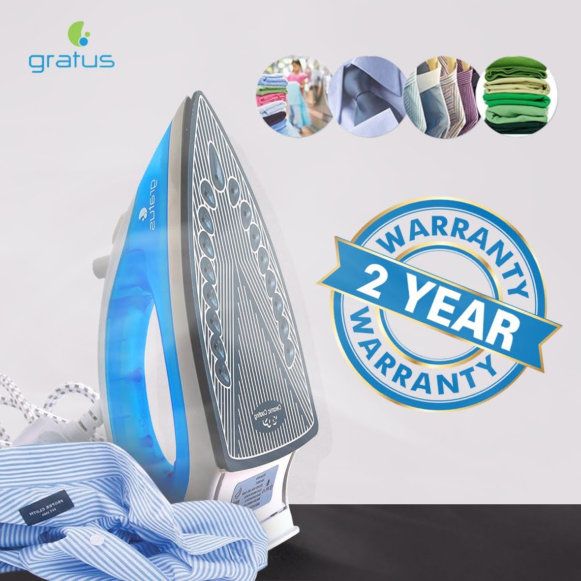 Gratus Dry & Spray Steam Iron 1200W - Ceramic Soleplate & Temperature Control, Auto Shut - 1 Year Warranty, Model- GSI1200UC