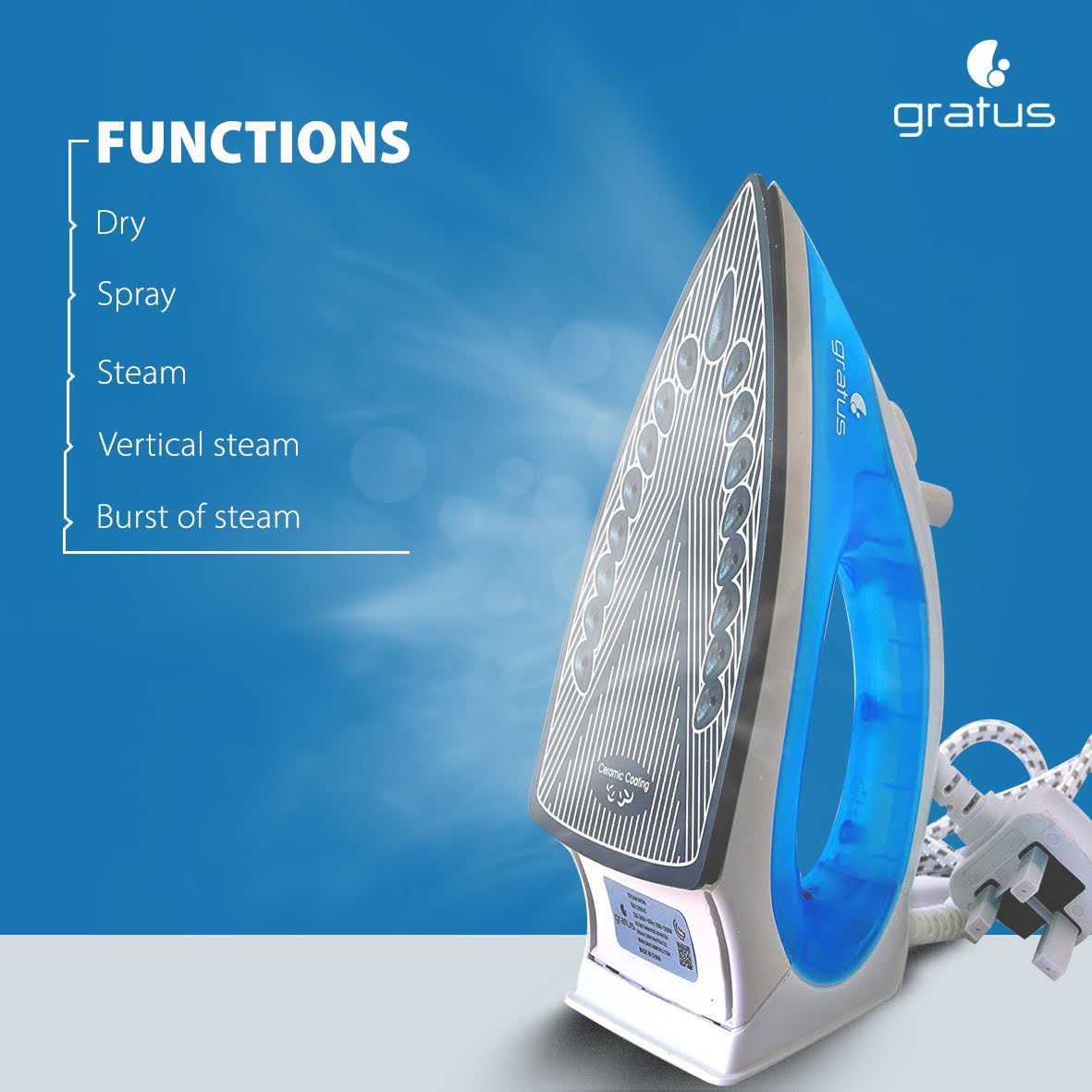 Gratus Dry & Spray Steam Iron 1200W - Ceramic Soleplate & Temperature Control, Auto Shut - 1 Year Warranty, Model- GSI1200UC