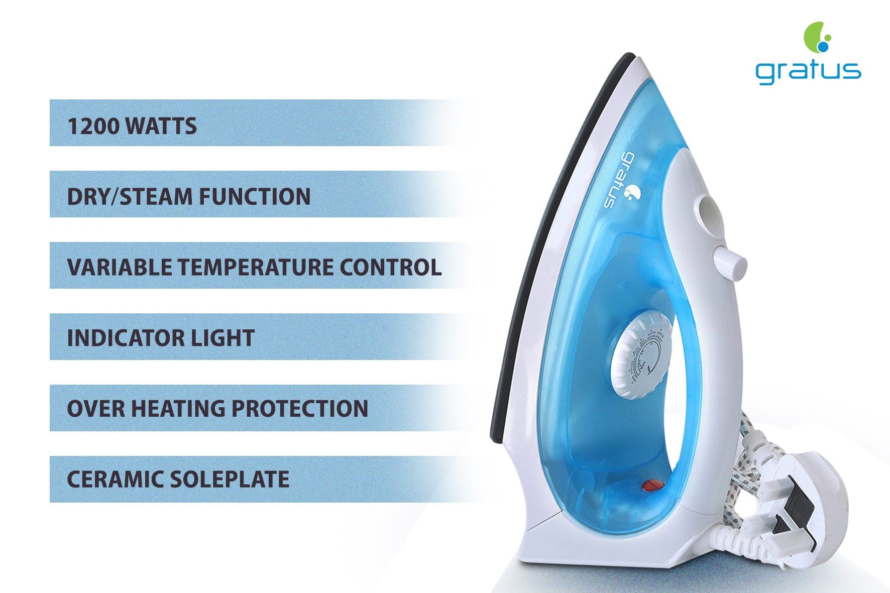 Gratus Dry & Spray Steam Iron 1200W - Ceramic Soleplate & Temperature Control, Auto Shut - 1 Year Warranty, Model- GSI1200UC