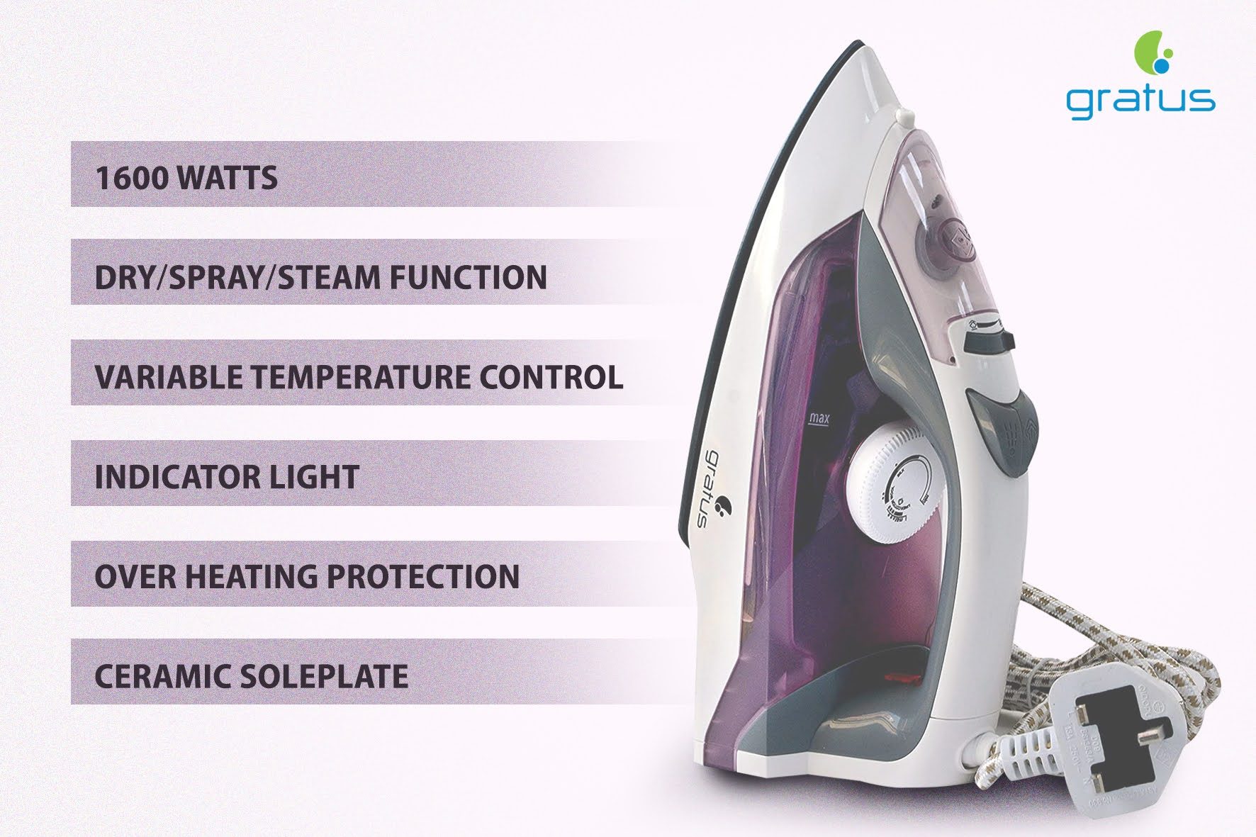 Gratus Steam Iron 1600W Ceramic Soleplate Dry Spray Steam GSI1600UC