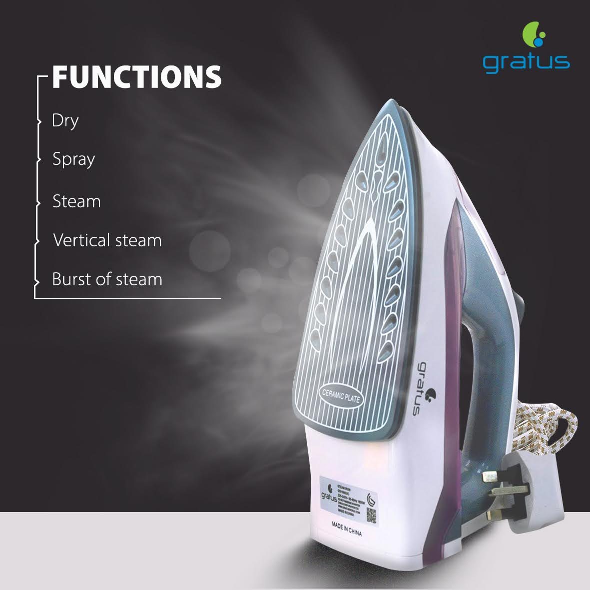 Gratus Steam Iron 1600W Ceramic Soleplate Dry Spray Steam GSI1600UC