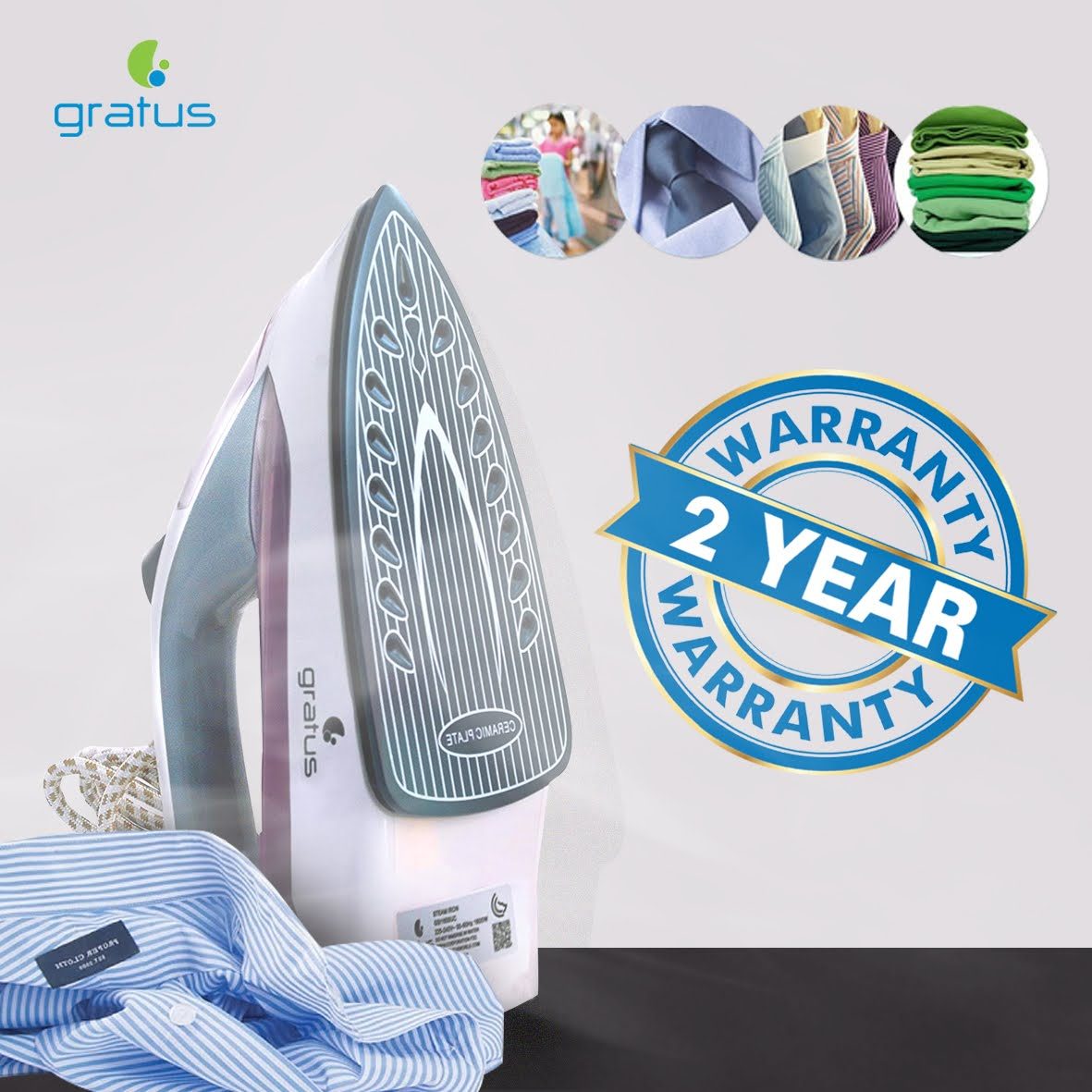 Gratus Steam Iron 1600W Ceramic Soleplate Dry Spray Steam GSI1600UC