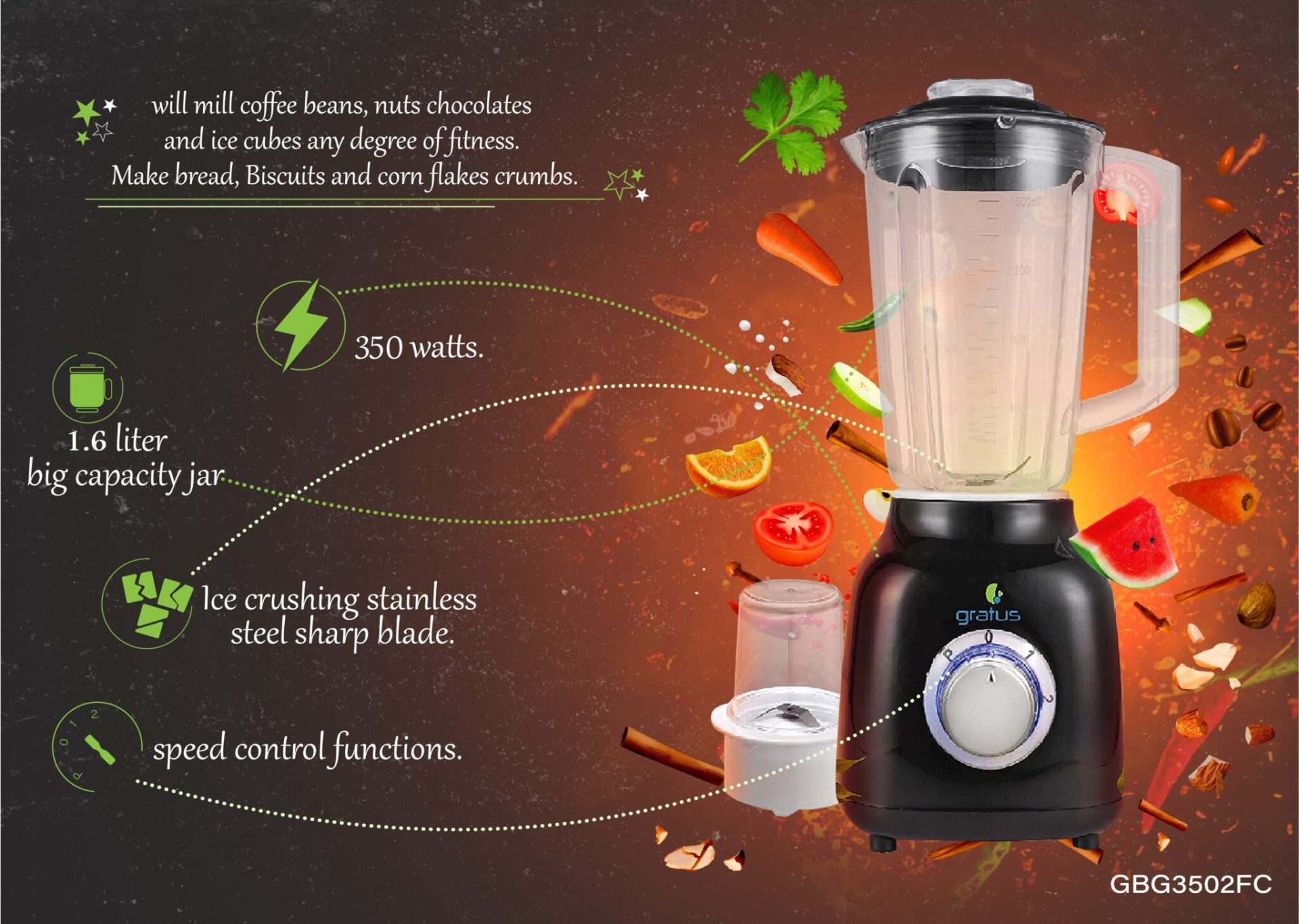 GRATUS 350 Watt BLENDER, Big 1.6 l Jar and Mill Jar, 1-Year brand warranty, Model-GBG3502FC
