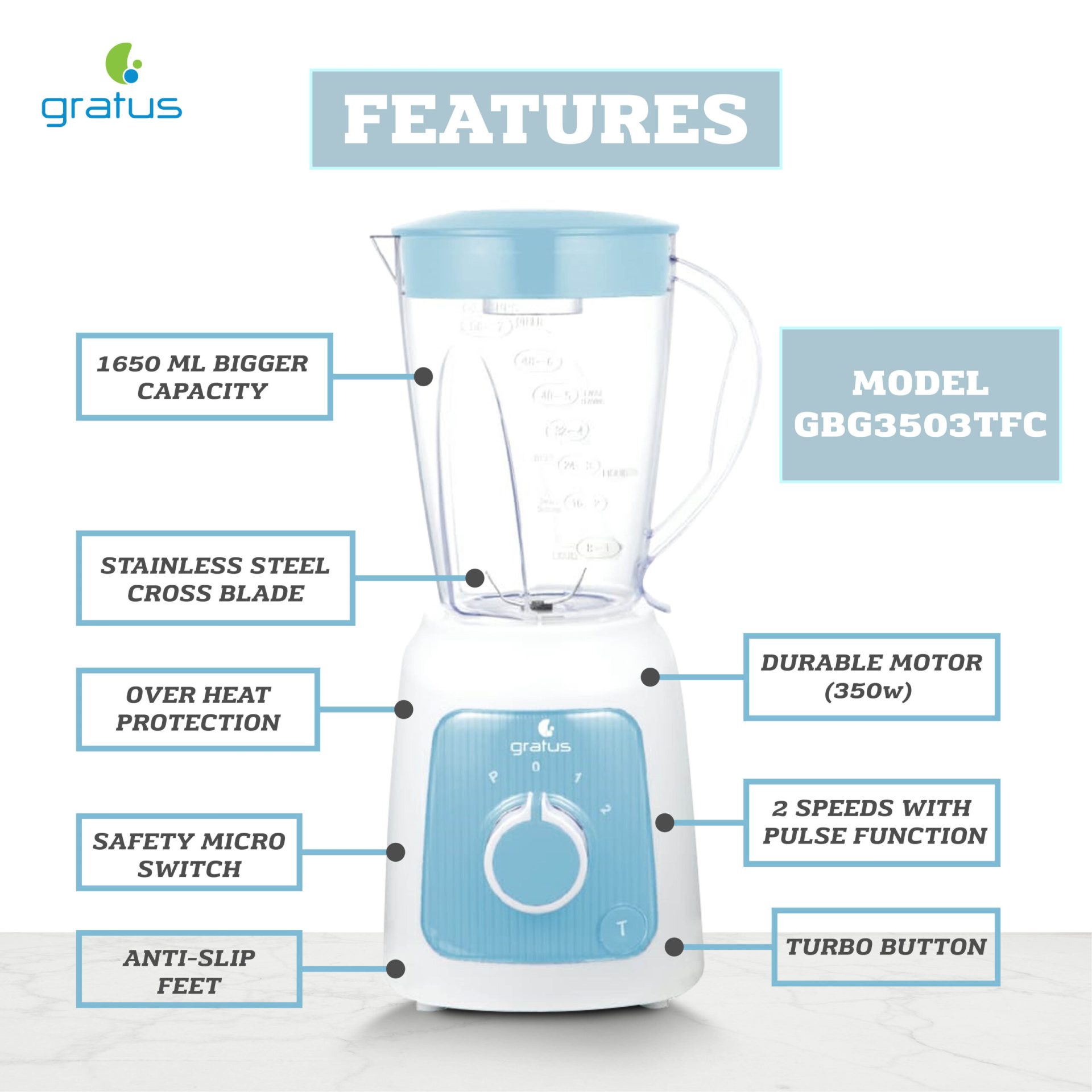 GRATUS BLENDER 1.6 ltr capacity Jar + 2 Mill Jars, Model- GBG3503TFC