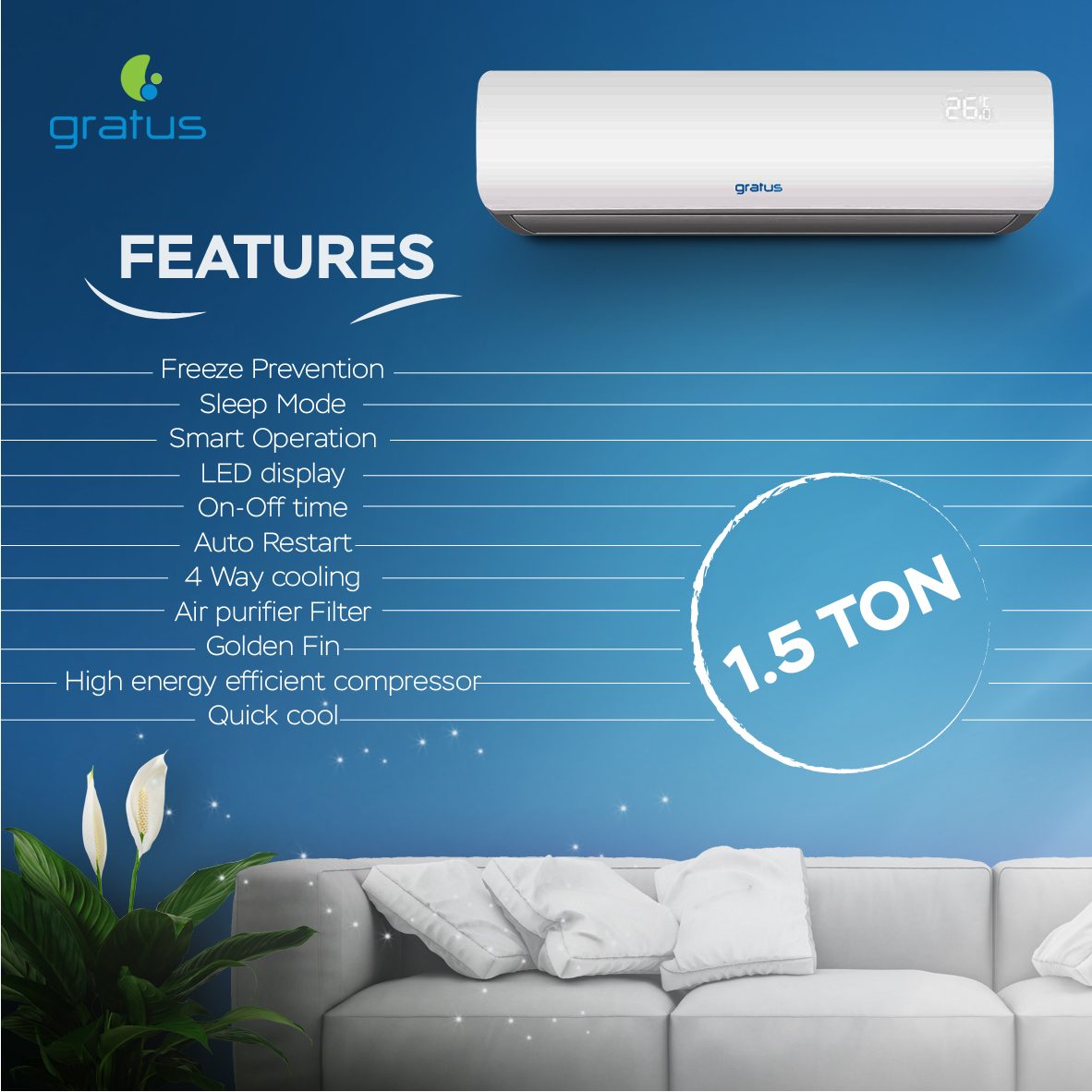 Gratus 1.5 Ton Split Air Conditioner | Frost Self-Clean | 4-Way Cooling | GSAC18TRS