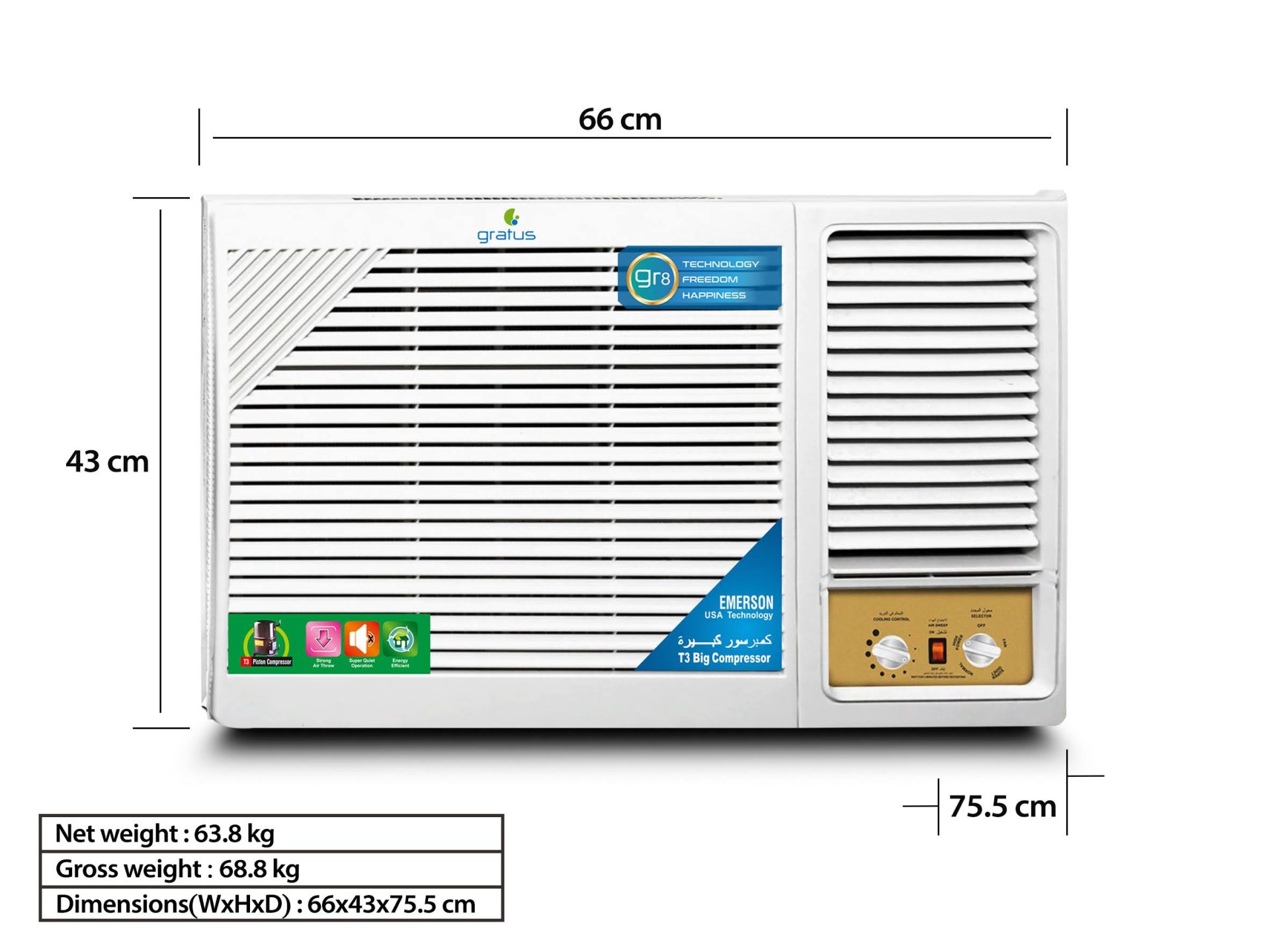 Gratus 1.5 Ton Window Air Conditioner | Heavy-Duty Piston Compressor | R410A Refrigerant | GSACPI18X1
