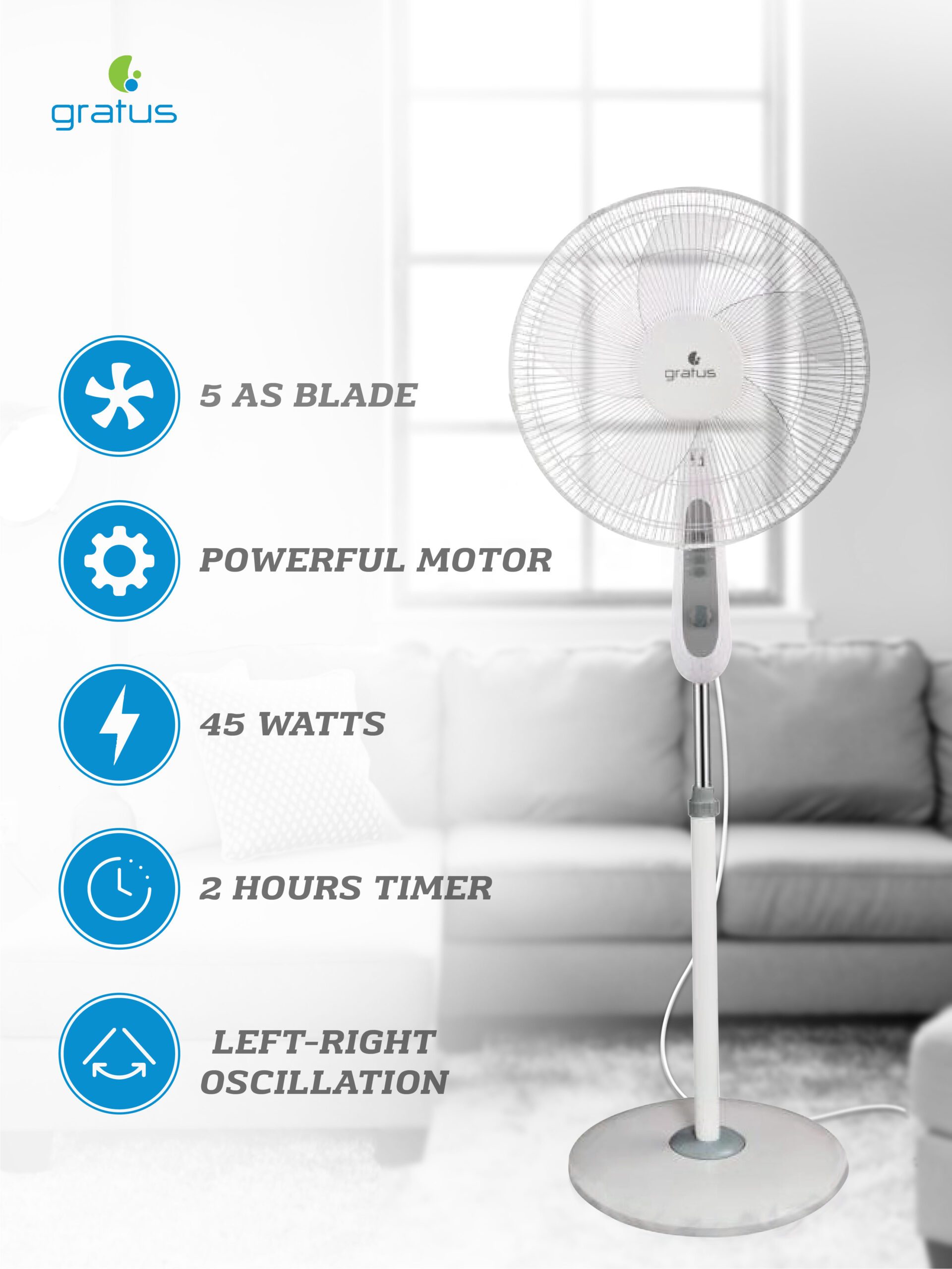 Gratus PEDESTAL 16 INCH STAND FAN, 5 AS BLADES, 45W, 2HRS TIMER, 1-YEAR WARRANTY, Model- GRSF20121HAHC